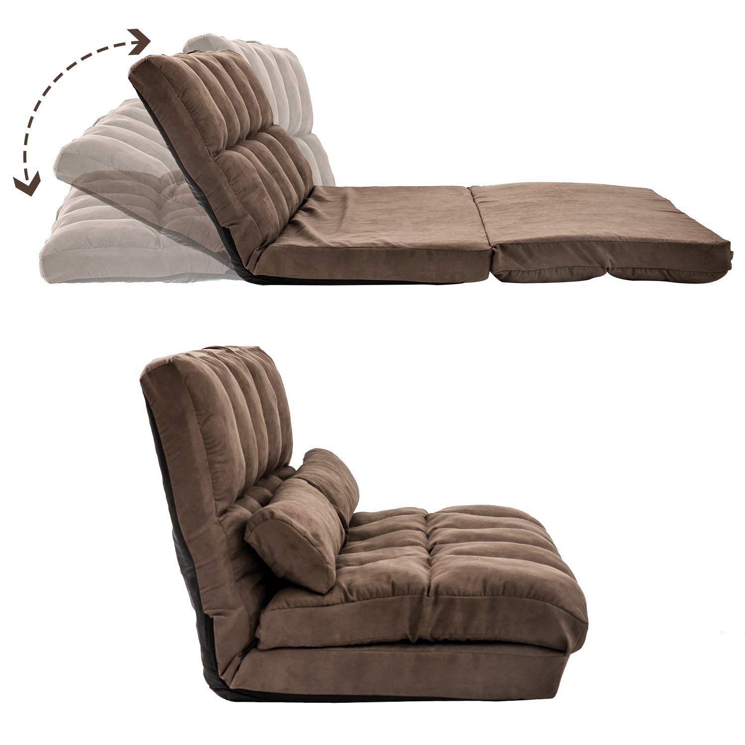 YSKWA Double Chaise Lounge Sofa Chair - Modern Floor Couch with 2 Pillows for Living Room, Bedroom, or Patio - Comfortable Brown Fabric Sectional Sofa for Relaxing, Reading, and Lounging