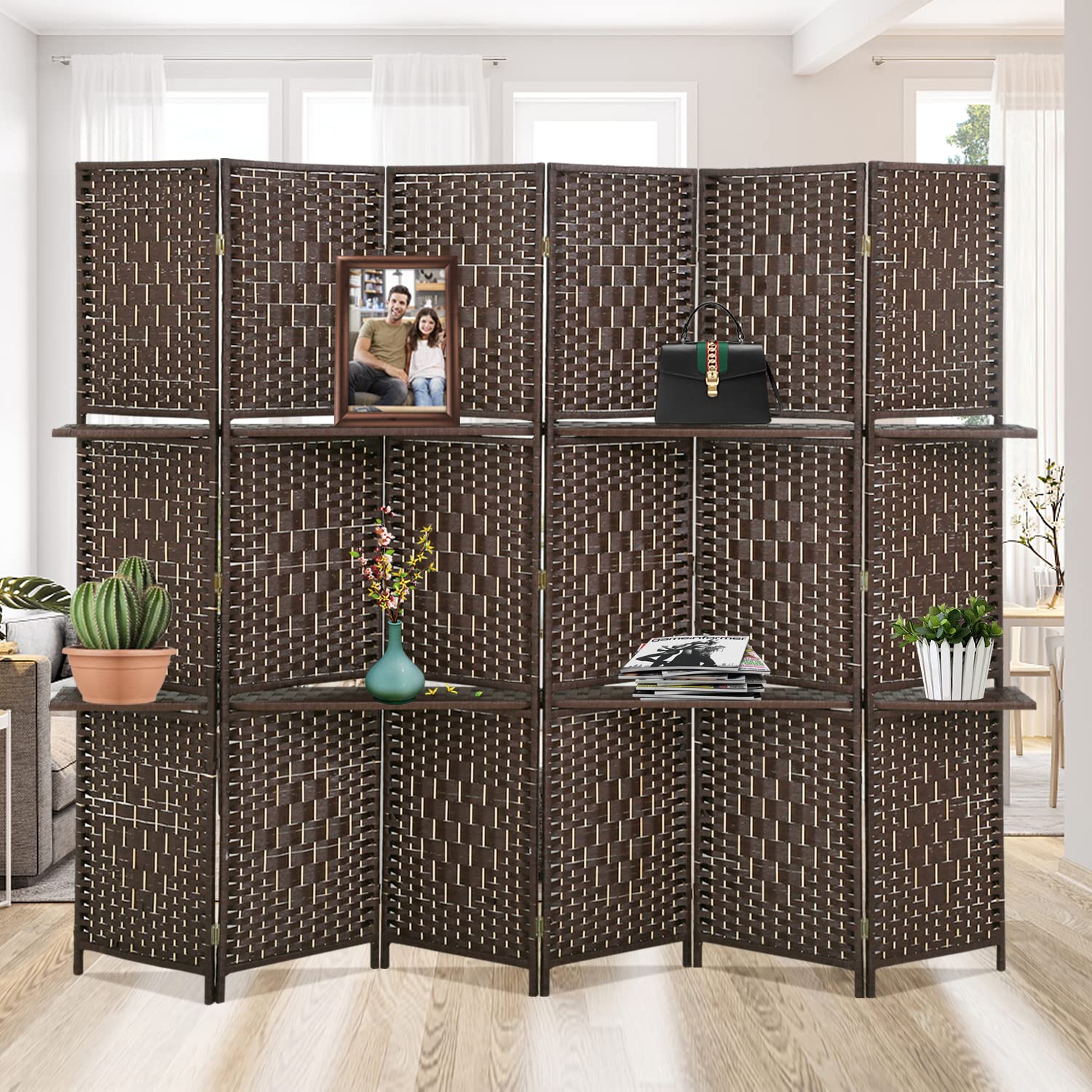 6 Panel Wood Room Divider - Freestanding Folding Privacy Screen with Removable Storage Shelves | 6FT Partition for Home Office, Bedroom & Living Room | Space-Saving Decorative Room Separator (Brown) - Perfect for Creating Private Workspaces, Dividing Large Rooms & Organizing Small Spaces