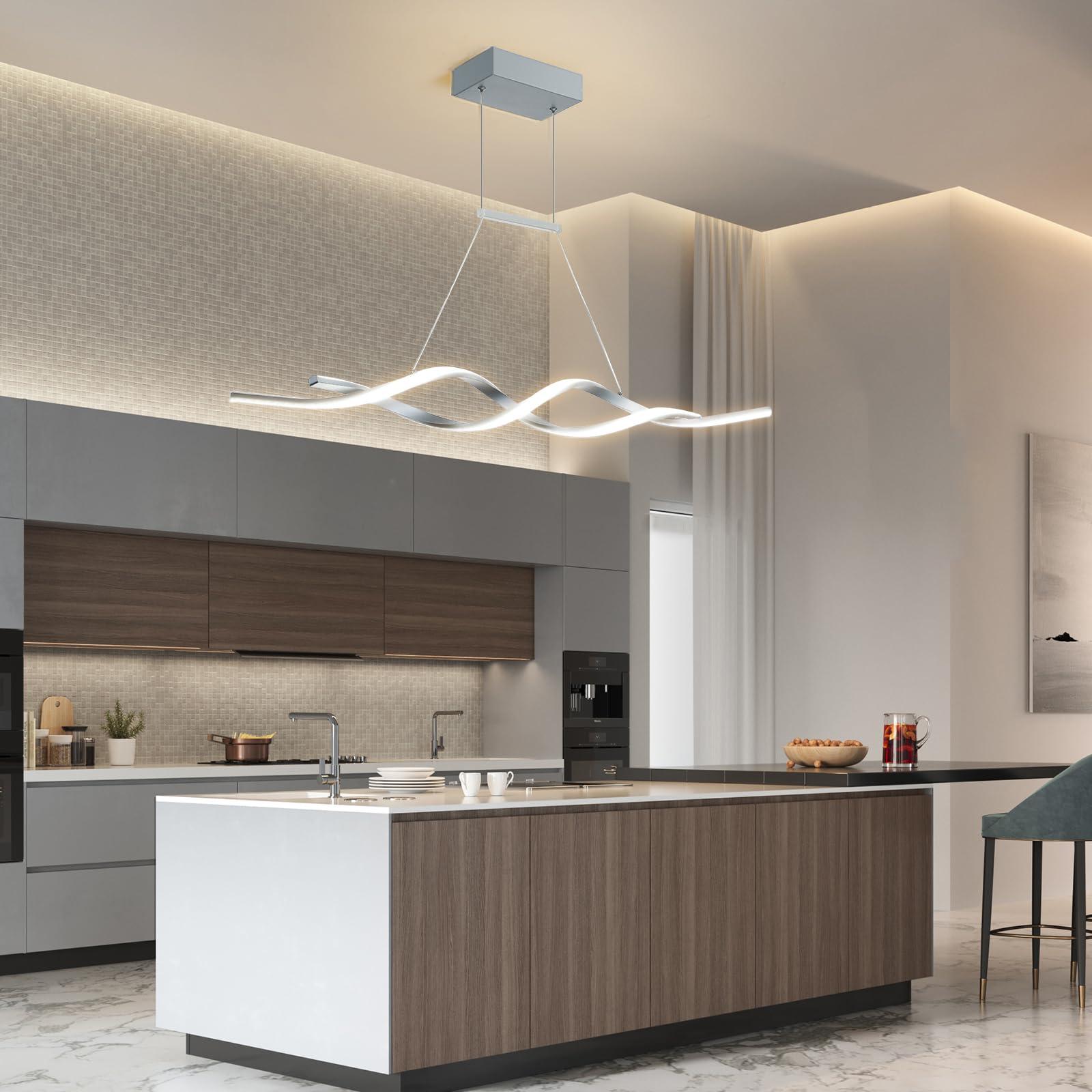 Jaycomey Modern LED Pendant Light Fixture - Dimmable Wave Shape Chandelier with Remote Control, 3000K-6000K Color Temperature, 28W Acrylic & Aluminum Hanging Light for Dining Room, Kitchen Island, Restaurant, Bar, Living Room - Gray