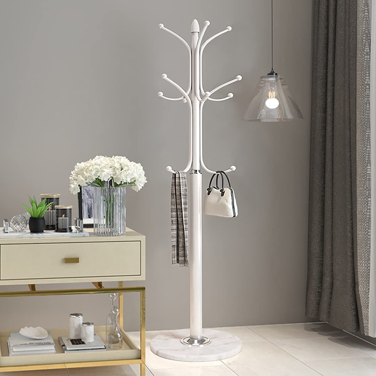 Kertnic Free Standing Coat Rack - 12 Hooks Metal Hall Tree with Natural Marble Base for Jackets, Bags, Scarves & Hats | Entryway Organizer for Home, Office & Dorm (White)