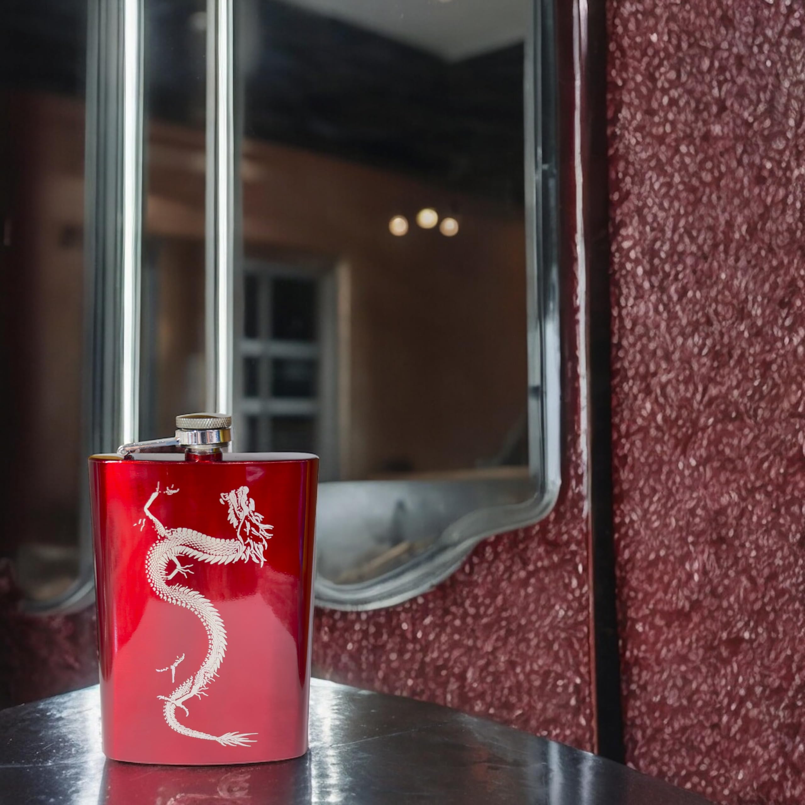 8oz Red Chinese Dragon Flask - Stainless Steel Hip Flask for Whiskey, Bourbon & Liquor - Perfect for Gifts, Parties, Travel & Outdoor Adventures