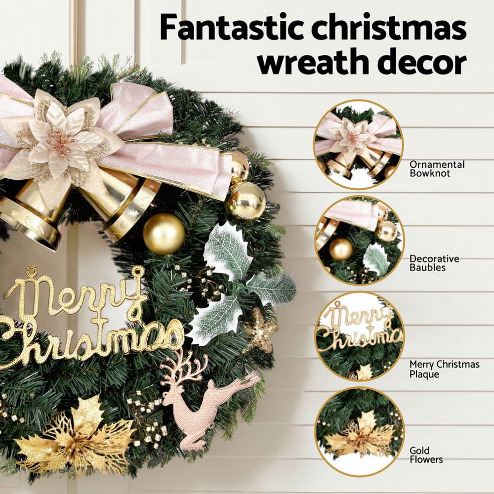 60CM Christmas Wreath with Garland Flowers & Baubles - Holiday Party Decorations for Front Door, Fireplace Mantel & Wall Decor