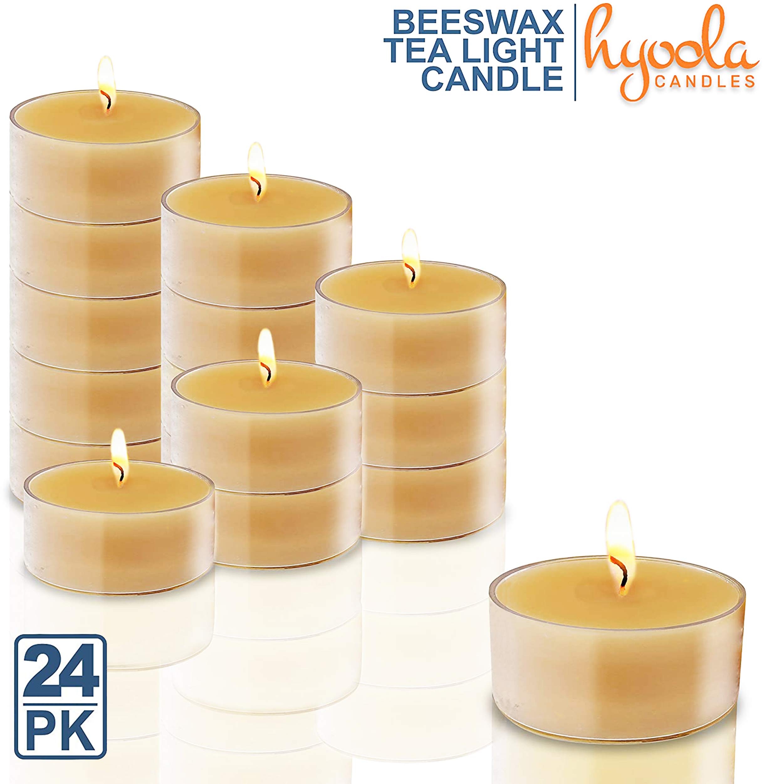 Hyoola Pure Beeswax Tea Lights - Handmade Unscented Decorative Candles with 4-Hour Burn Time in Clear Cups (24-Pack) | Perfect for Weddings, Spa Relaxation & Home Decor