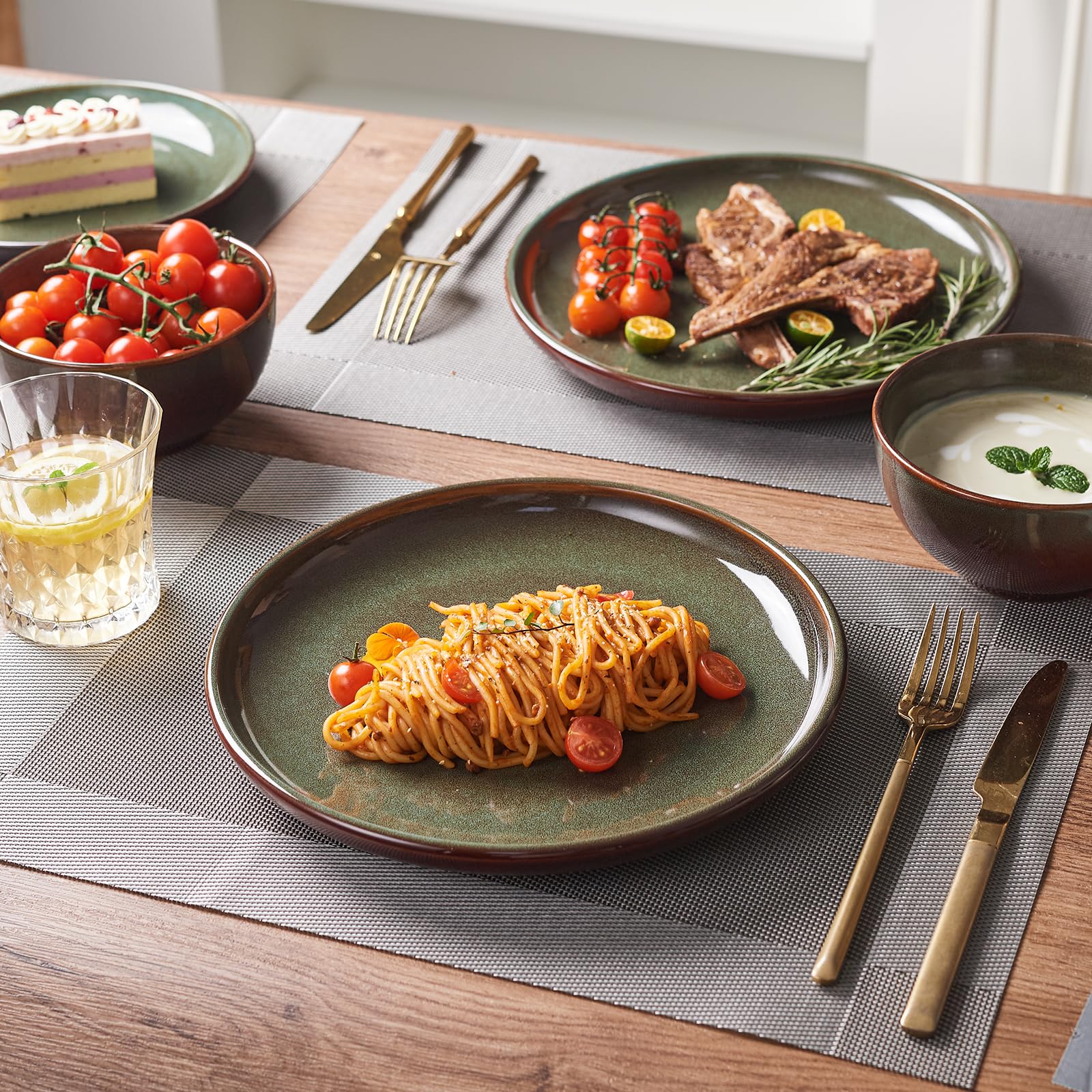 **12-Piece Stoneware Dinnerware Set for 4, Handmade Reactive Glaze Plates & Bowls, Chip & Crack Resistant Ceramic Dish Set in Brown & Green – Perfect for Everyday Dining & Entertaining**