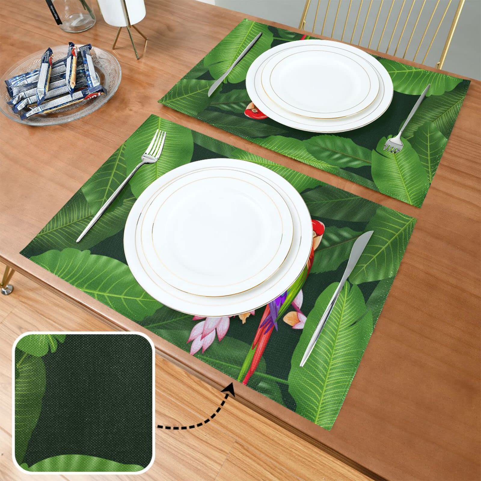 Tropical Palm Leaf Parrot Placemats Set of 4 - Washable & Heat Resistant 12x18 Inch Kitchen Table Mats for Dining Decor | Perfect for Summer Parties, Outdoor Picnics & Boho Home Decor