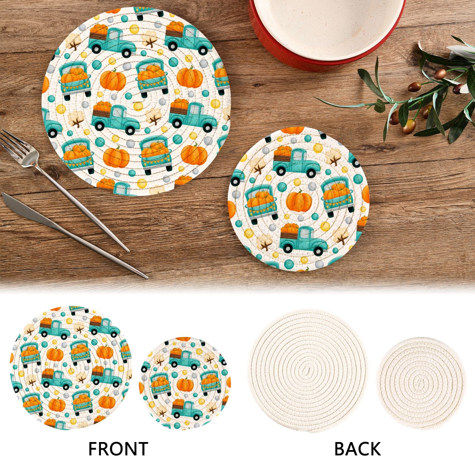 **Heat Resistant Pumpkin Truck Autumn Pot Holders - 2-Pack Fall Harvest Cotton Trivets for Hot Dishes, Pans & Bowls | Perfect for Thanksgiving, Kitchen Decor & Cozy Fall Tablescapes**