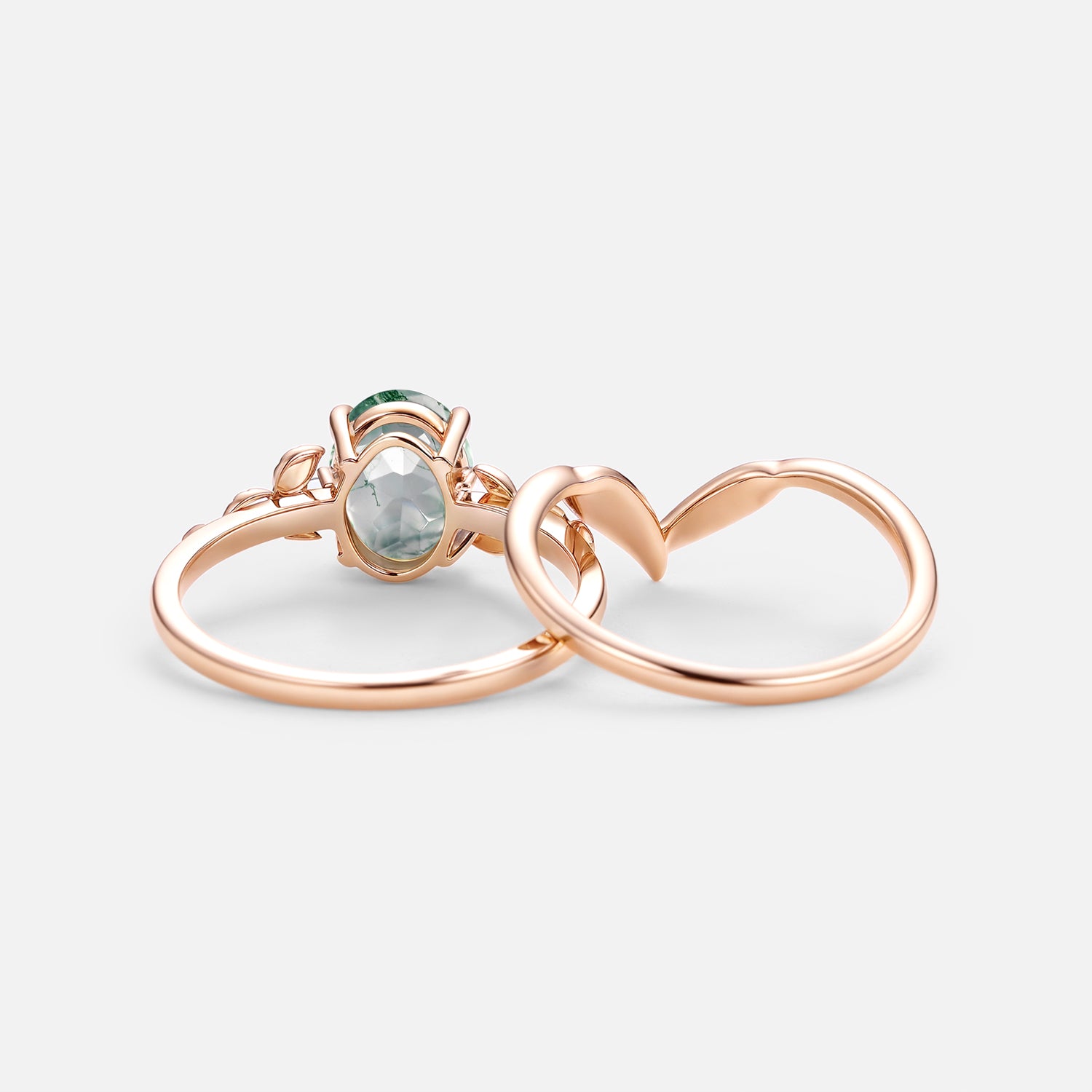 Oval Cut Moss Agate Leafy Gold Ring Set 2pcs - Elegant Nature-Inspired Jewelry for Women | Perfect for Weddings, Anniversaries & Special Occasions