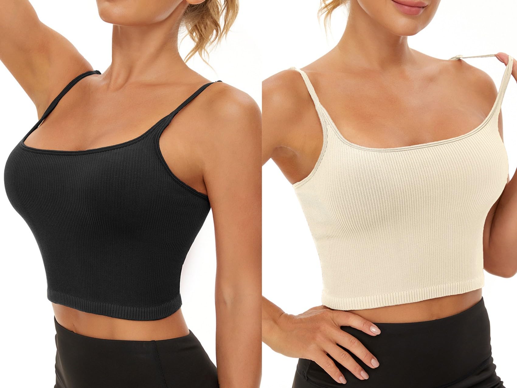 Chilylori Seamless Sports Bra & Cropped Tank Top - Adjustable Straps, Ribbed Workout Tops for Women (2 Pack) | Yoga, Gym, Running & Fitness