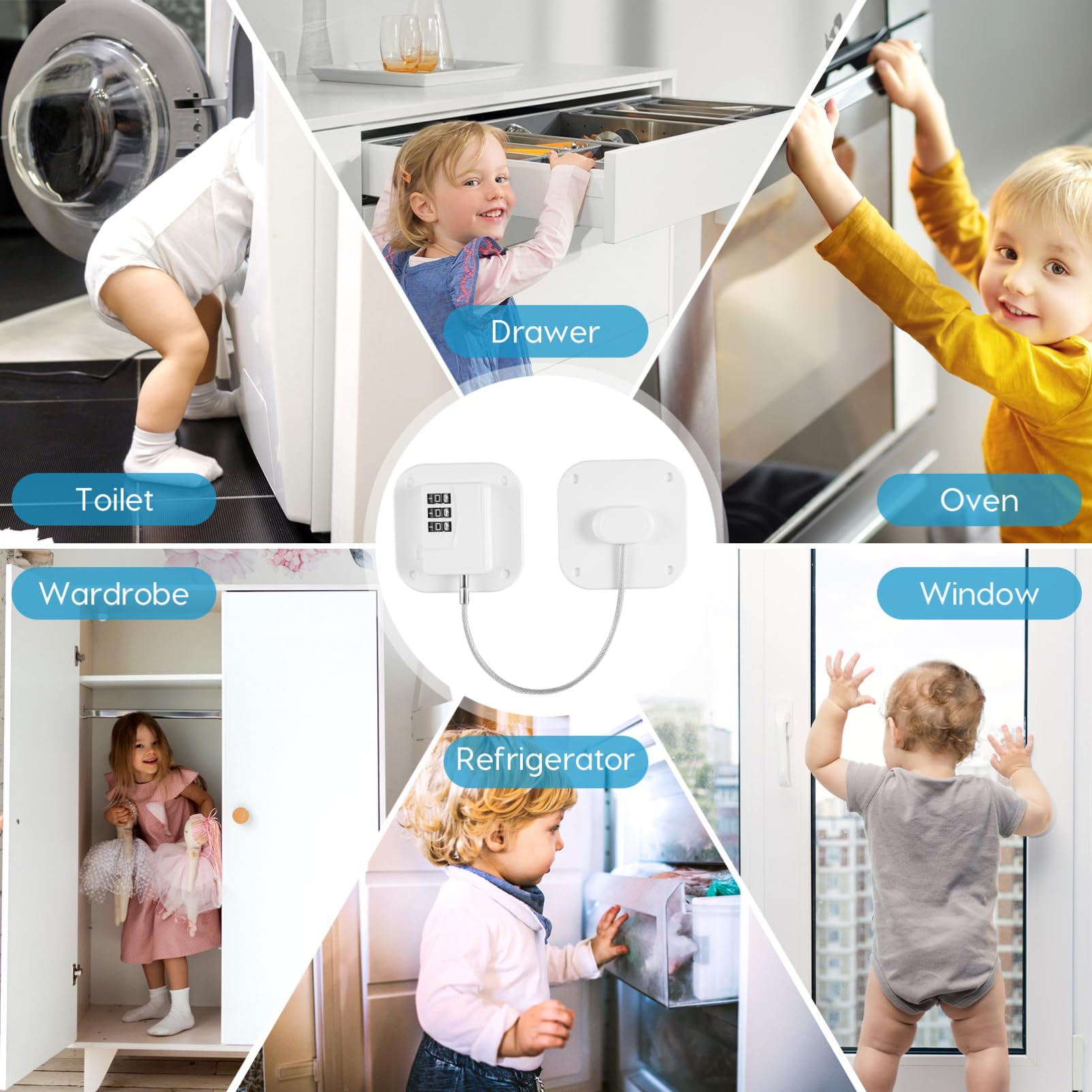 HEMOTON 5-Pack Child Safety Cabinet Locks - Refrigerator & Drawer Combination Lock Set for Baby Proofing - Secure Kitchen, Bathroom & Nursery Cabinets