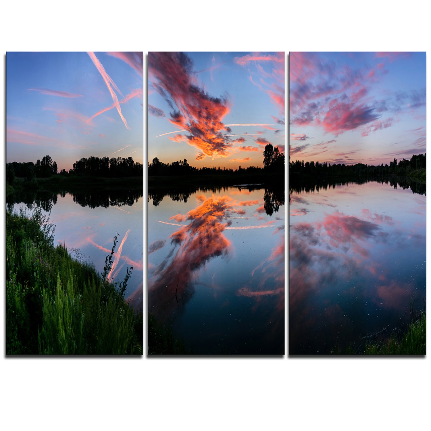 Designart MT11512-3P Sunset Sky Mirrored in Lake Water Landscape Metal Wall Art (3-Panel Set) - 36x28 Inches, Blue - Modern Home & Office Decor for Living Room, Bedroom, or Office Spaces