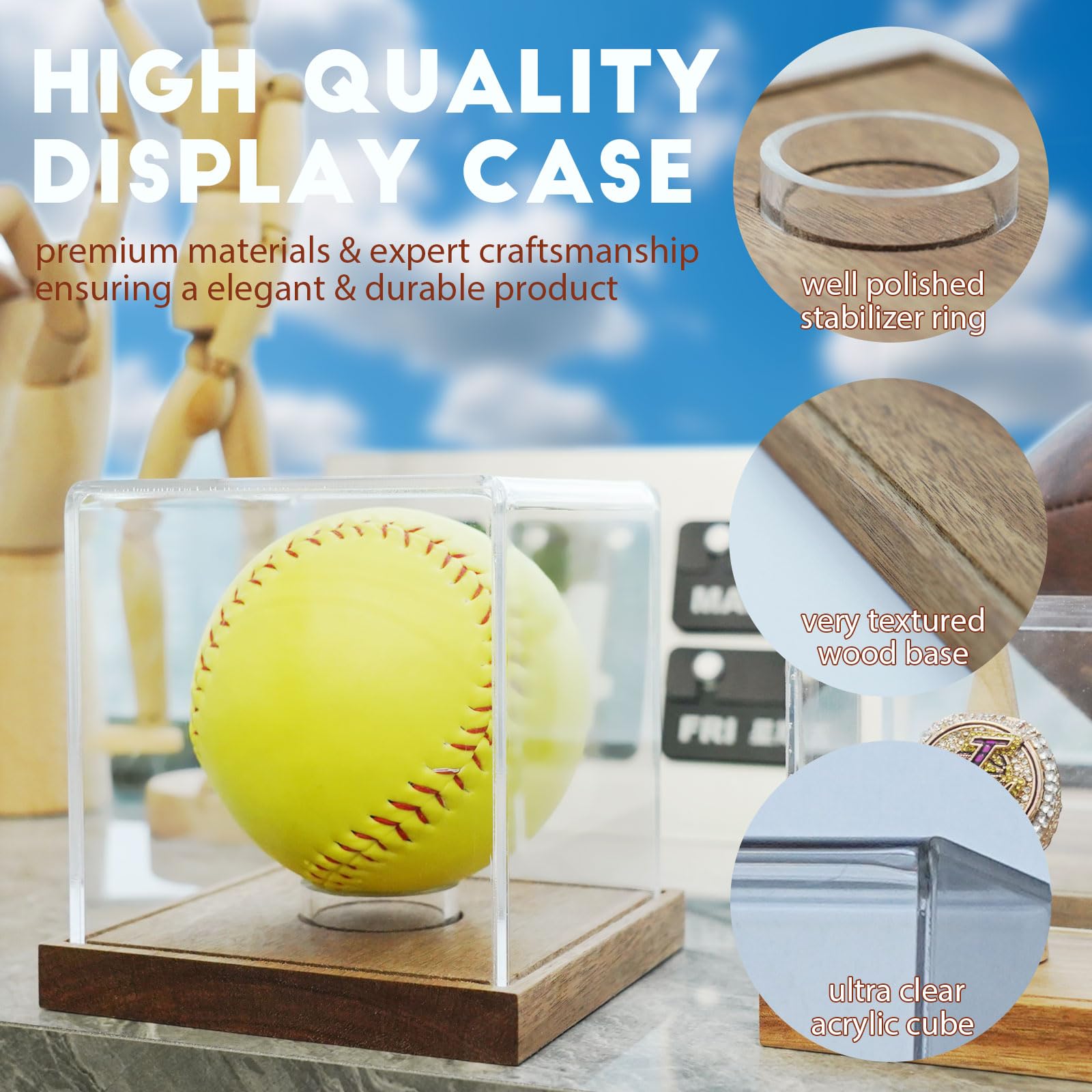 JupDec Clear Acrylic Softball Display Case with Wood Base - UV Protected Championship Ball Holder for Sports Memorabilia Collections - Perfect for Trophy Rooms, Man Caves, and Baseball Fan Gifts