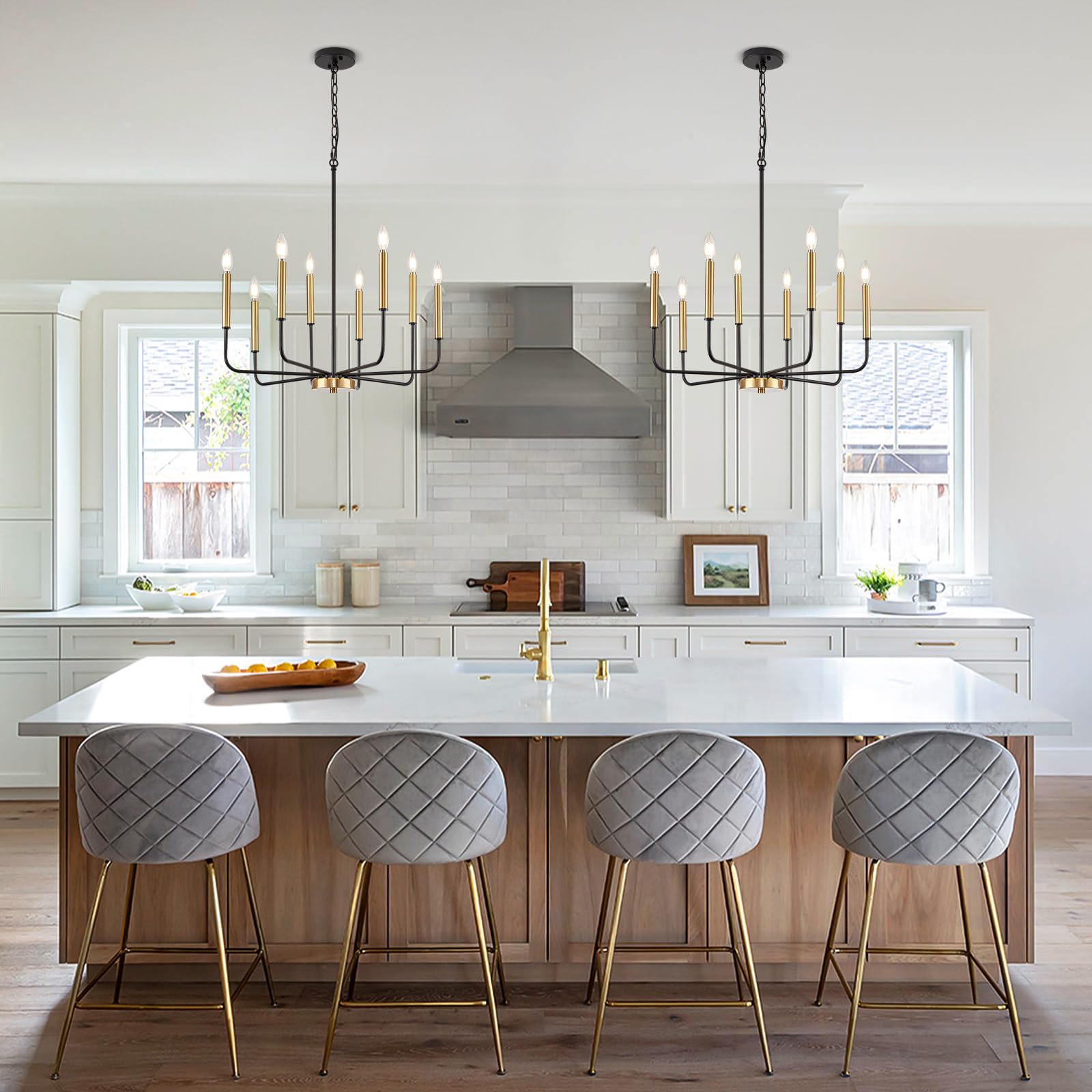 Modern Black and Gold 8-Light Farmhouse Chandelier - Metal Hanging Candle Lighting Fixture for Dining Room, Kitchen, Living Room, Foyer, Entryway & Bedroom | Elegant Ceiling Light for Home Decor, Wedding & Restaurant Ambiance