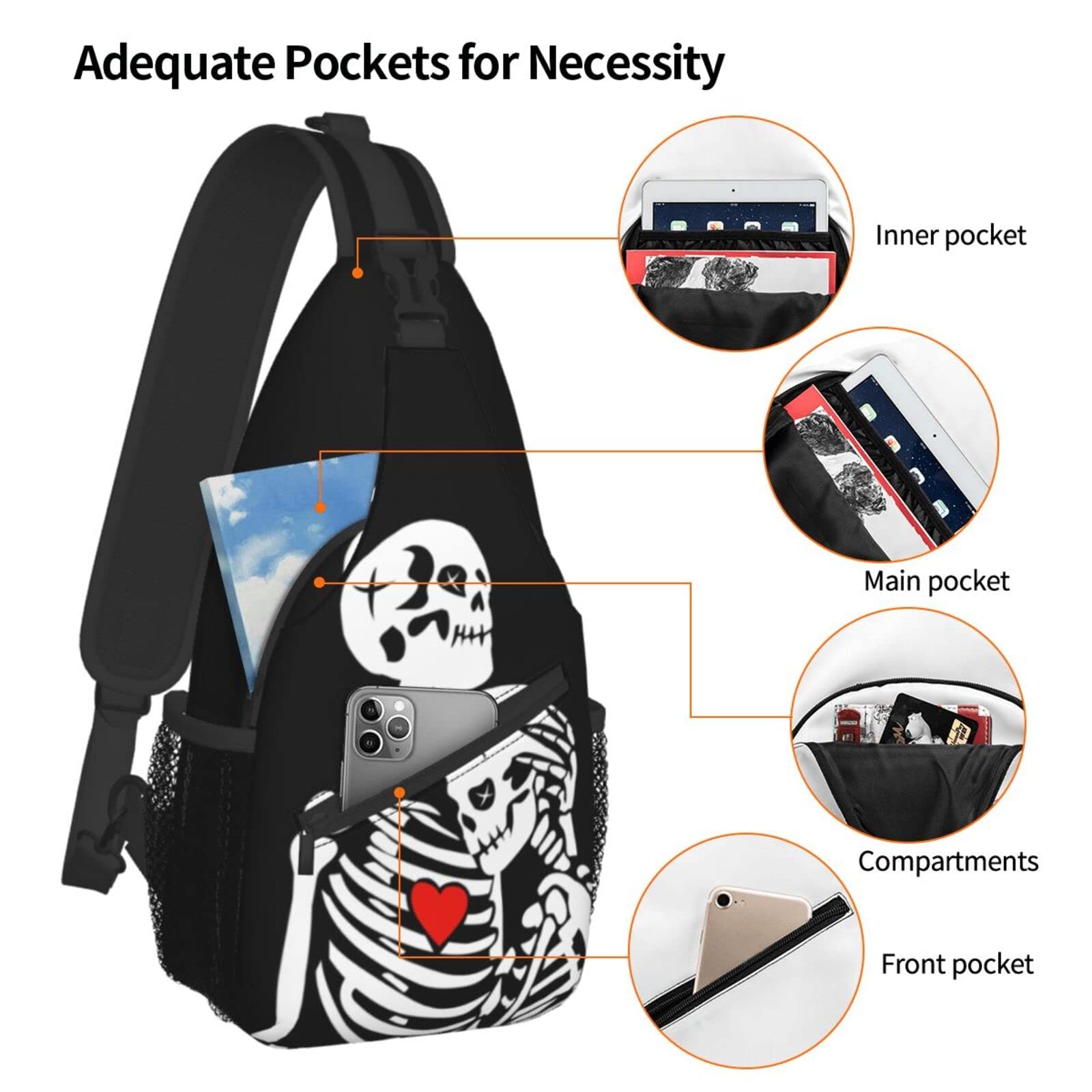 Skull Love Heart Crossbody Sling Bag for Women & Men - Lightweight Chest Shoulder Backpack for Hiking, Travel, Cycling & Outdoor Activities - Small Casual Daypack with Adjustable Strap