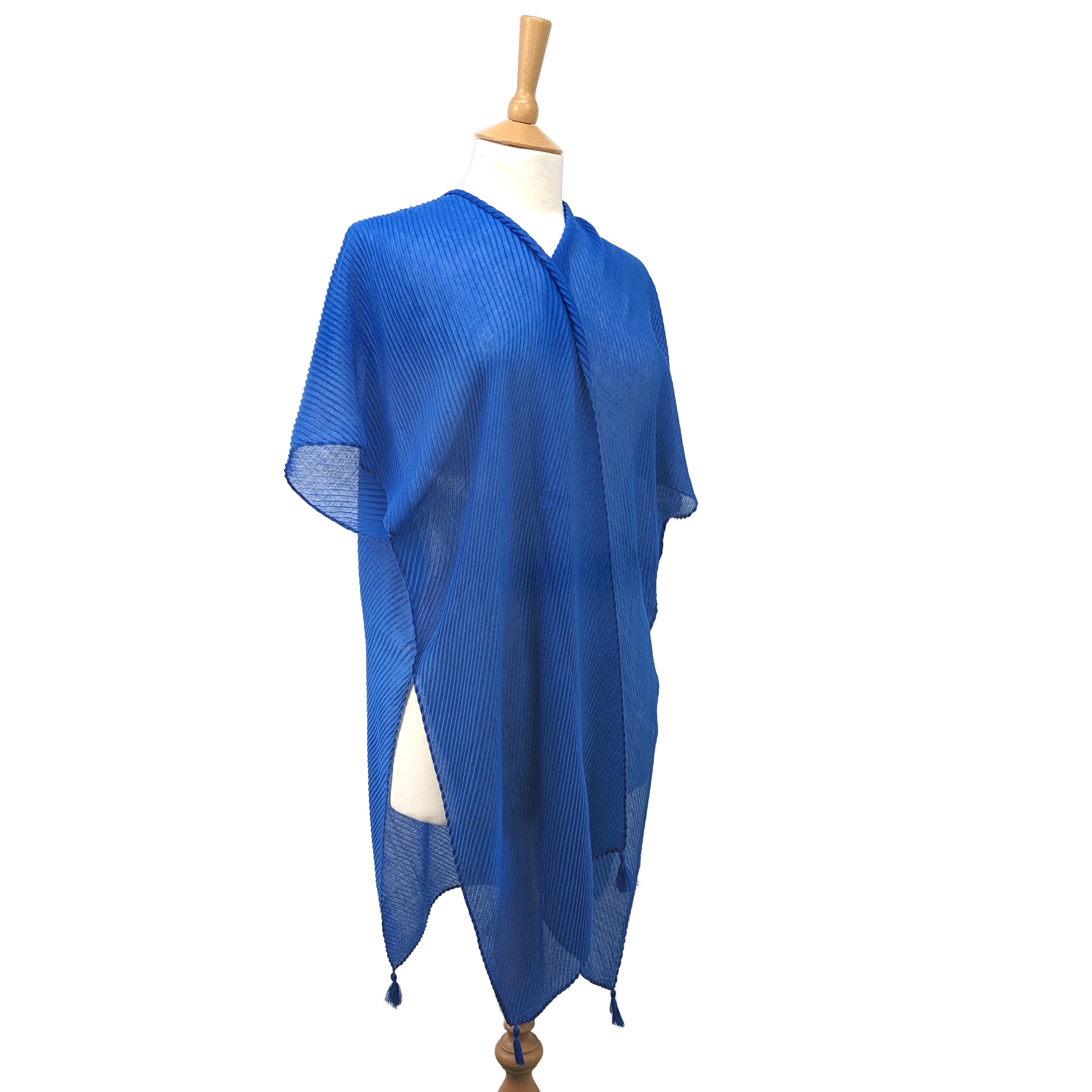 Cobalt Blue Crinkle Kaftan with Tassels - Women's Flowy Beach Cover Up Dress for Summer Vacation, Pool Party & Boho Fashion