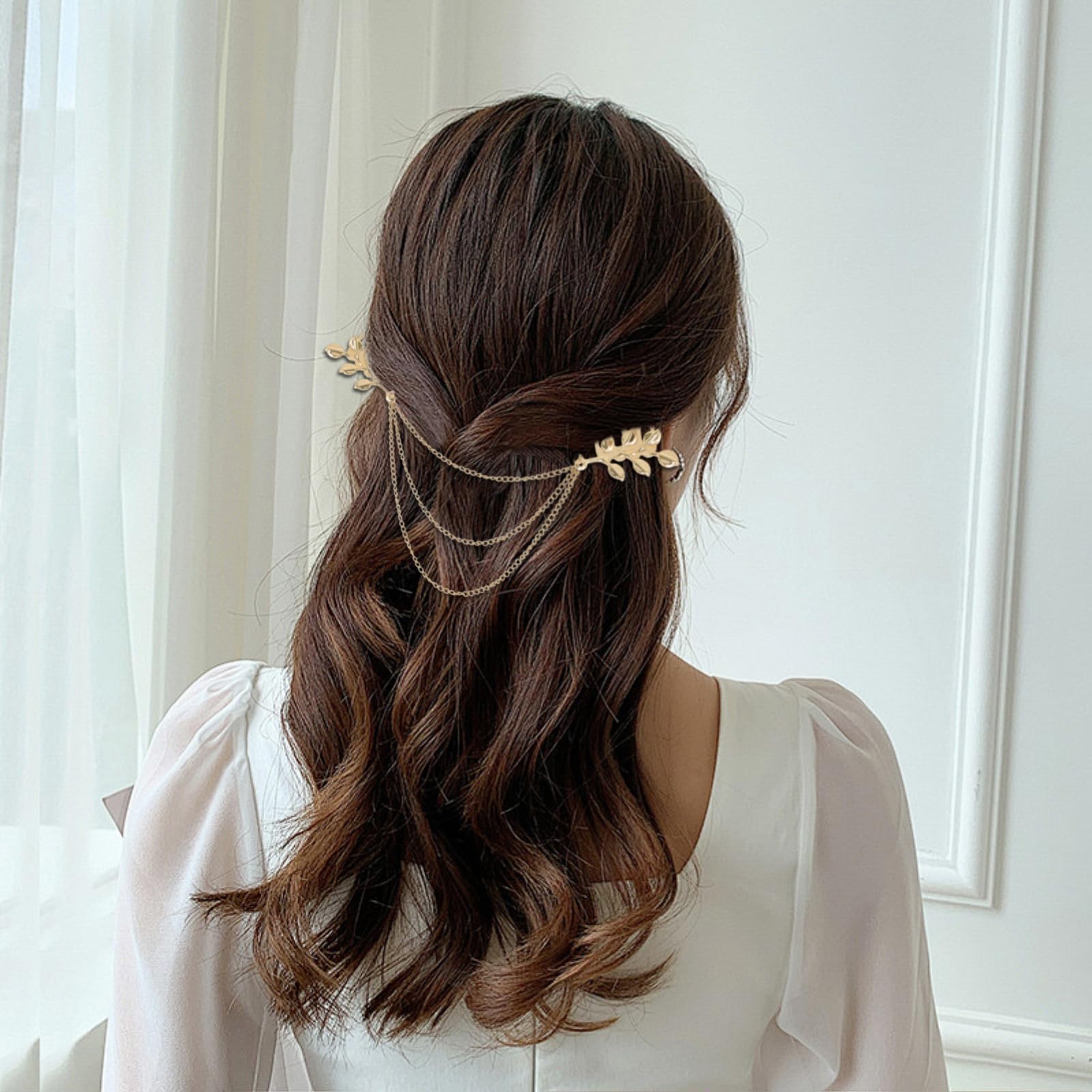 Yueton 2 Pack Fashion Women's Athena Olive Branch Tassel Leaf Hair Clips - Boho Hair Barrettes Bobby Pins for Bridal Headwear, Edge Clips, Cuffs & Headbands - Perfect for Weddings, Parties & Everyday Boho Style