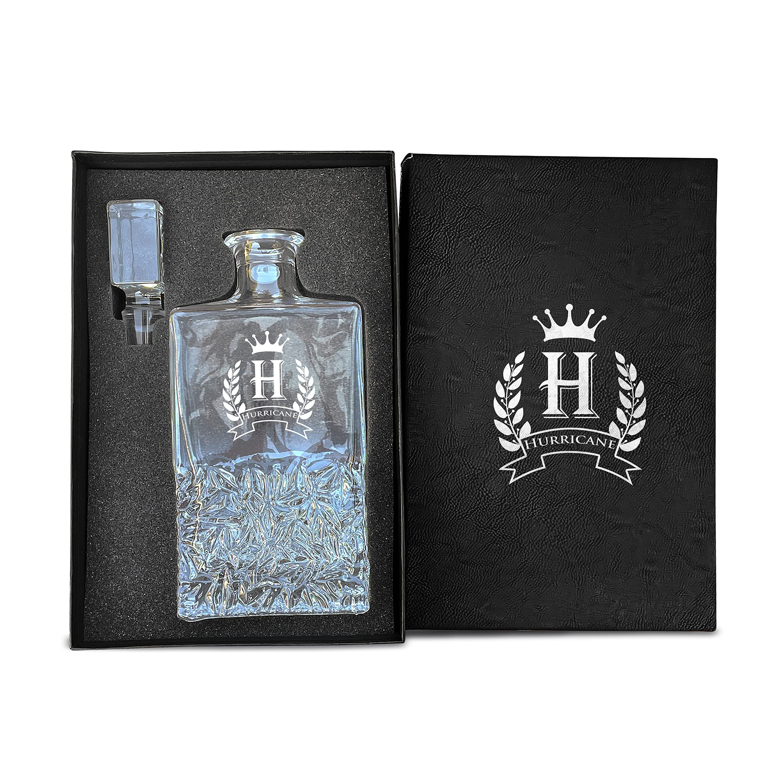 Personalized Whiskey Decanter Set - 9 Elegant Crown Design Options with Premium Black Leather Box | Perfect Gift for Whiskey Lovers, Home Bar Decor & Special Occasions