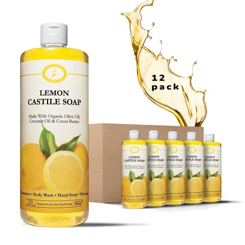 Organic Carolina Lemon Castile Liquid Soap - Vegan Olive Oil Body Wash for Soft Skin | Pure Castile Soap with Natural Lemon Scent | 32oz Bulk Pack of 12 Bottles | Perfect for Shower, Bath & Hand Washing