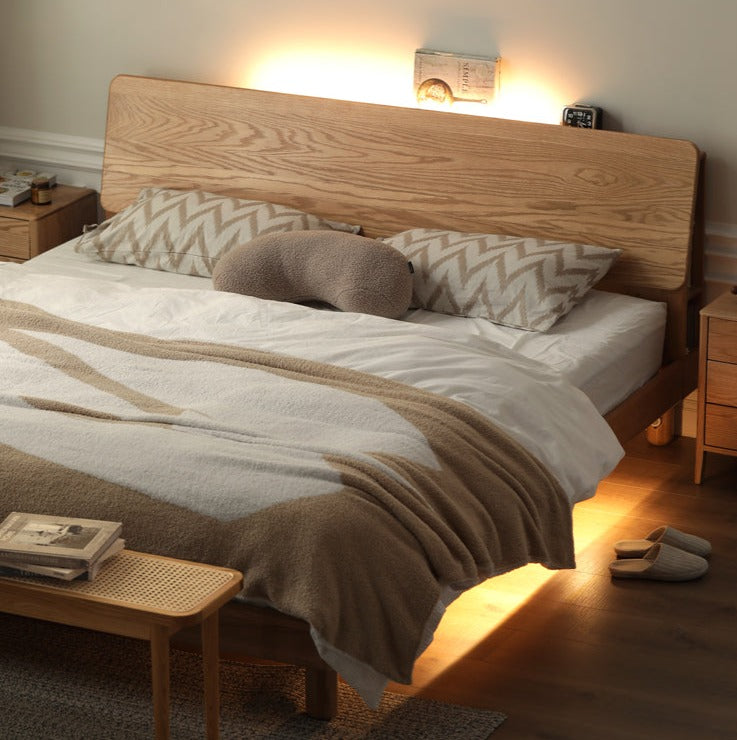 Solid Oak Wood Platform Bed with Bookshelf Headboard - Modern Bedroom Furniture for Small Spaces & Cozy Reading Nook
