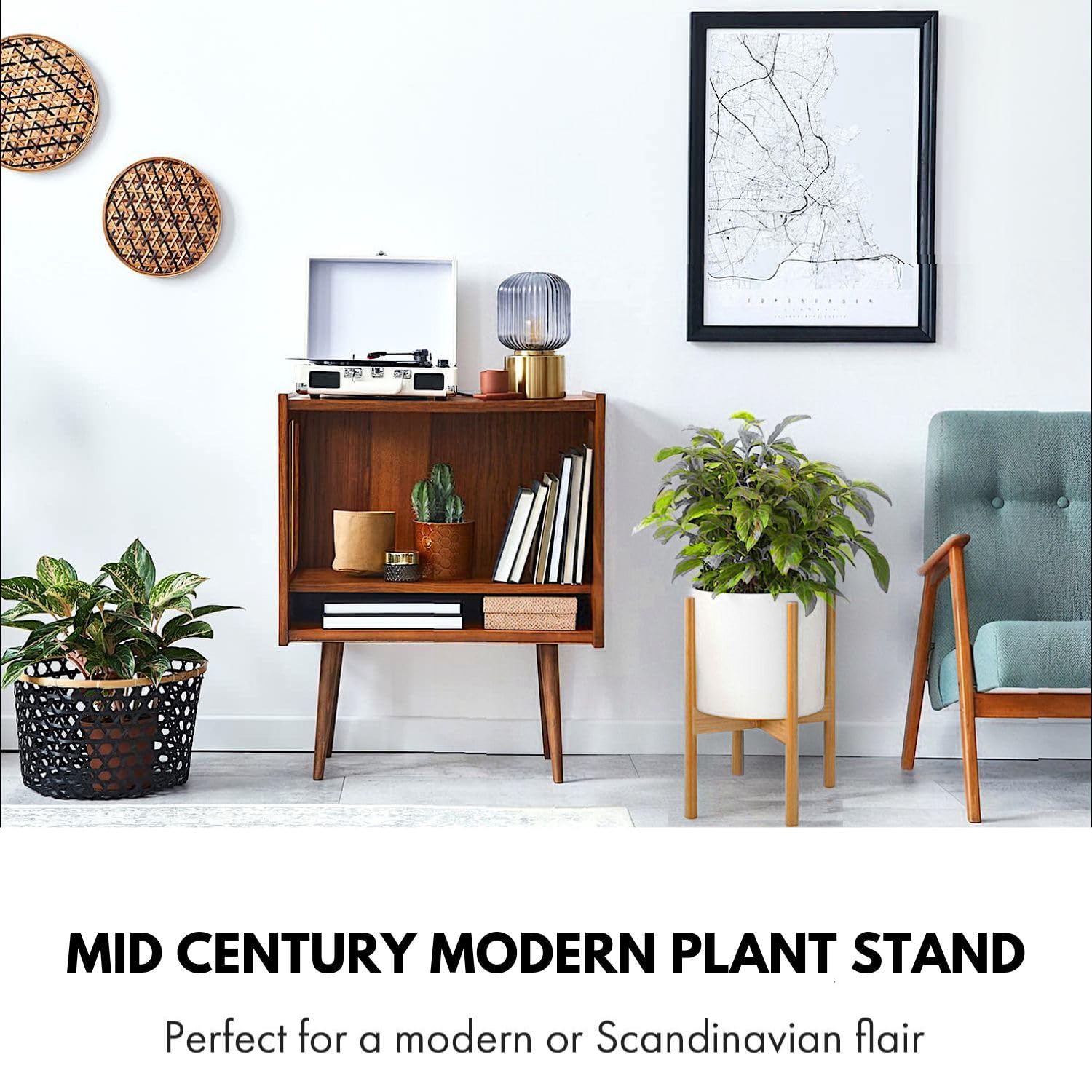 Fox & Fern 10 Inch Bamboo Plant Stand – Mid Century Modern Indoor Planter Holder with Plug-In Design & Two Height Options – Perfect for Living Room, Bedroom, or Office Decor