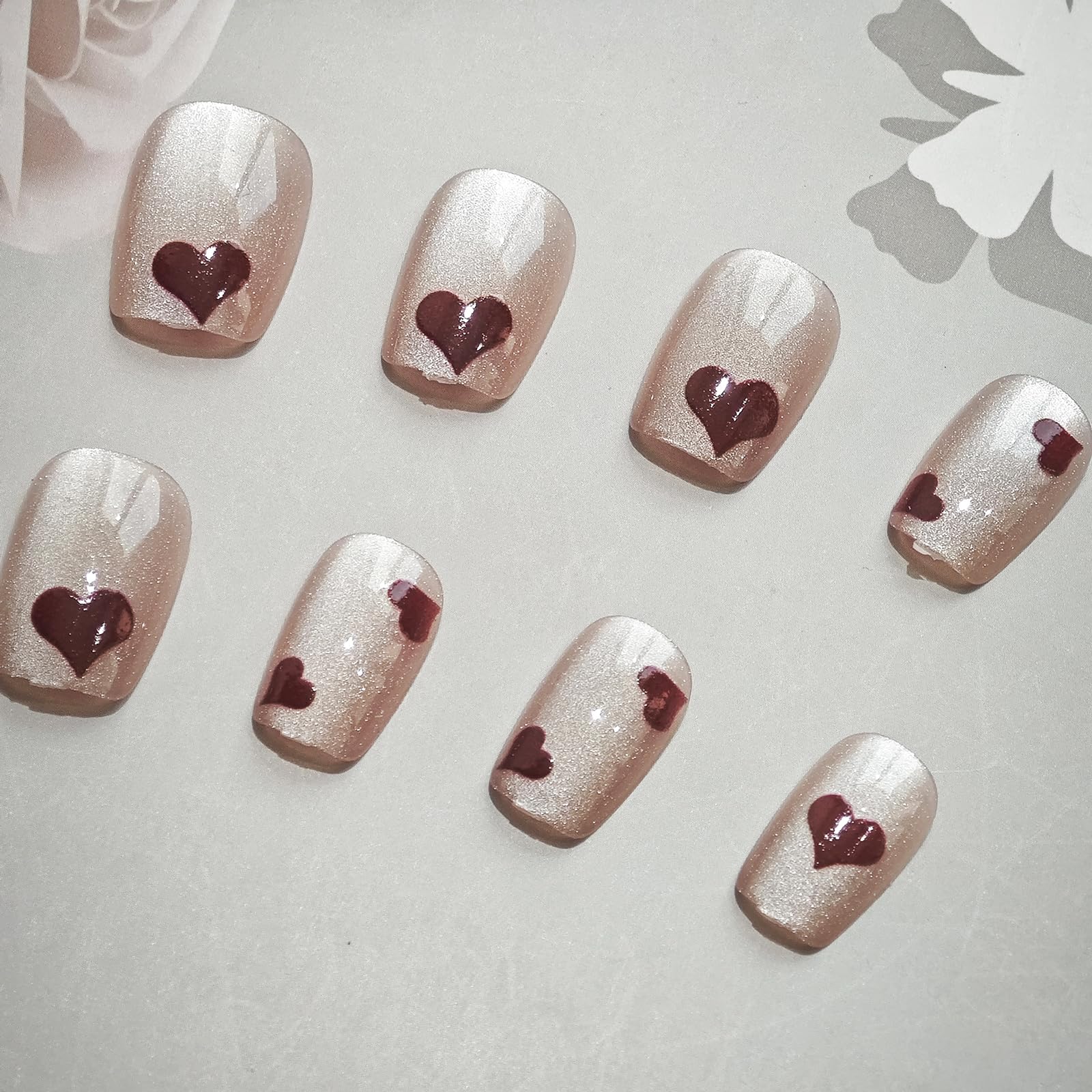 Valentine's Day Press on Nails - 24Pcs White Acrylic False Nails with Red Heart Designs, Short Square Full Cover Glossy Nails for Women & Girls | Perfect for Date Night, Parties & Special Occasions