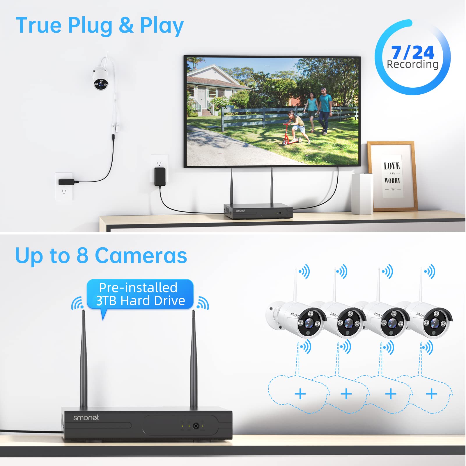 SMONET 8 Channel 1080P Wireless Security Camera System with 4pcs 2MP HD Cameras, 3TB HDD, Night Vision & Motion Detection - Indoor/Outdoor Home Surveillance DVR Kit for 24/7 Recording | Perfect for Home Security, Baby Monitoring & Business Protection