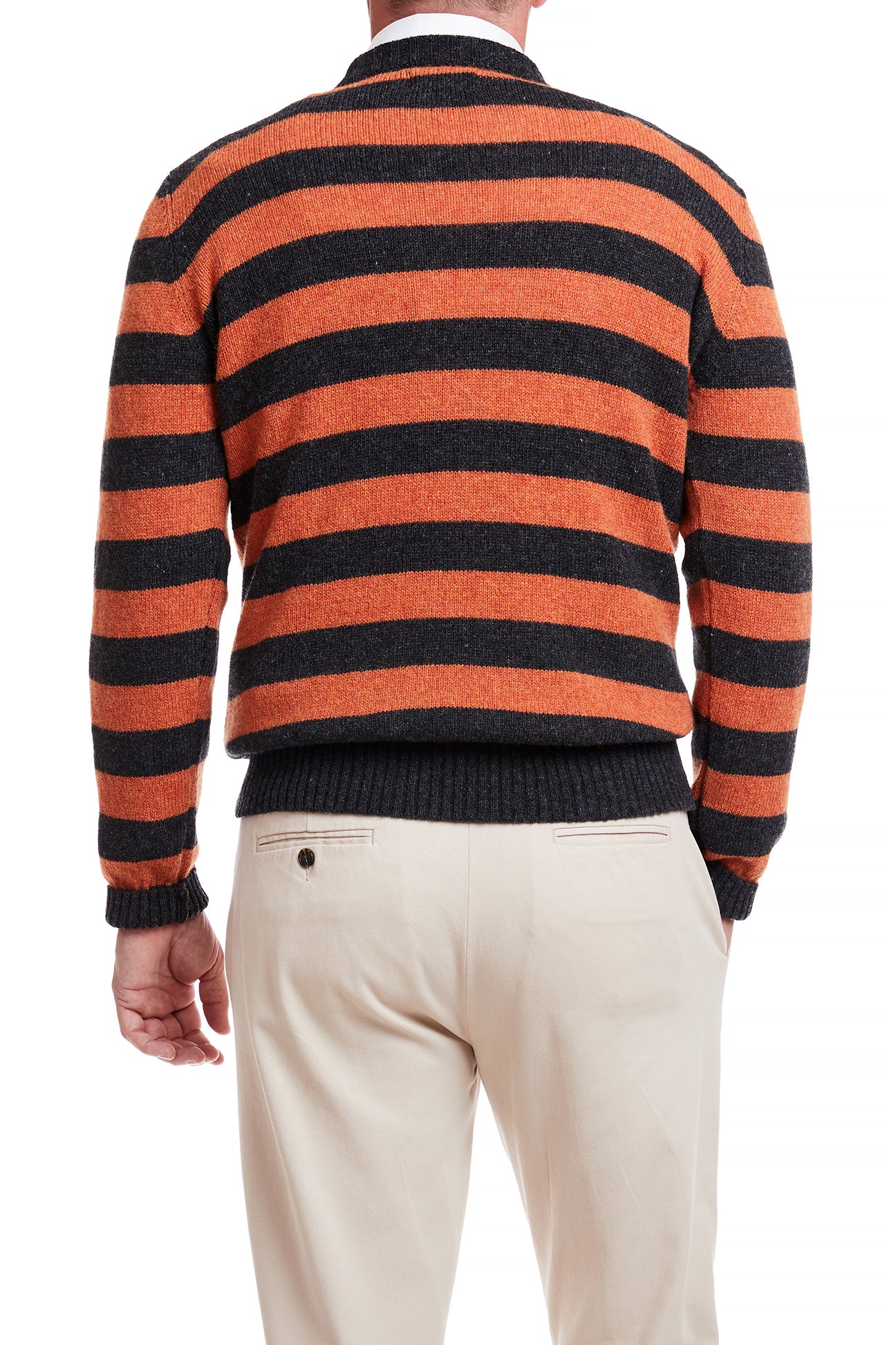 Shetland Wool Crewneck Sweater - Grey & Burnt Orange Striped Pullover for Men & Women | Cozy Winter Knitwear for Casual Outfits & Holiday Gatherings