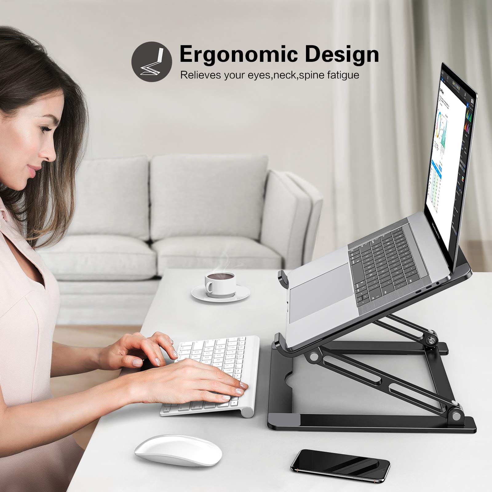Aluminum Laptop Stand for Desk - Foldable, Portable, Height Adjustable Riser Holder for MacBook, Air, Pro, Dell XPS, HP, All 10-17.3 Inch Laptops - Perfect for Home Office, Gaming, and Study
