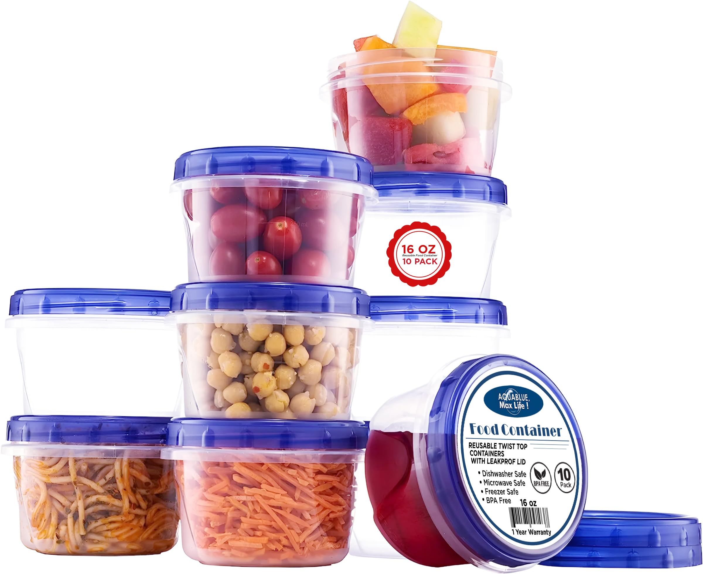AQUA BLUE 16 Oz Soup Freezer Storage Containers with Twist Top Lids - 10 Pack, Reusable BPA-Free Plastic Food Containers, Leak Proof, Airtight, Stackable & Microwave Safe - Perfect for Meal Prep, Leftovers, Freezing Soups & Food Storage