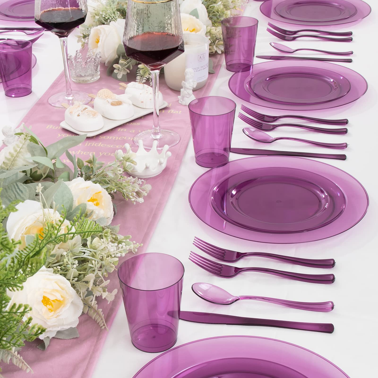 25-Piece Pink & Purple Disposable Plastic Dinnerware Set - Plates, Cups & Silverware for Parties, BBQs, Birthdays & Events - Neon Clear Plastic Tableware for 25 Guests