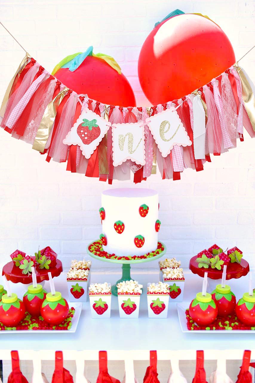 Strawberry Theme High Chair Banner - Sweet 1st Birthday Party Decorations - Smash Cake Photo Backdrop - Baby Shower & Birthday Party Decor - Perfect for First Birthday Photoshoot, Baby Girl Celebration, and Cake Smash Props (Strawberry-2)