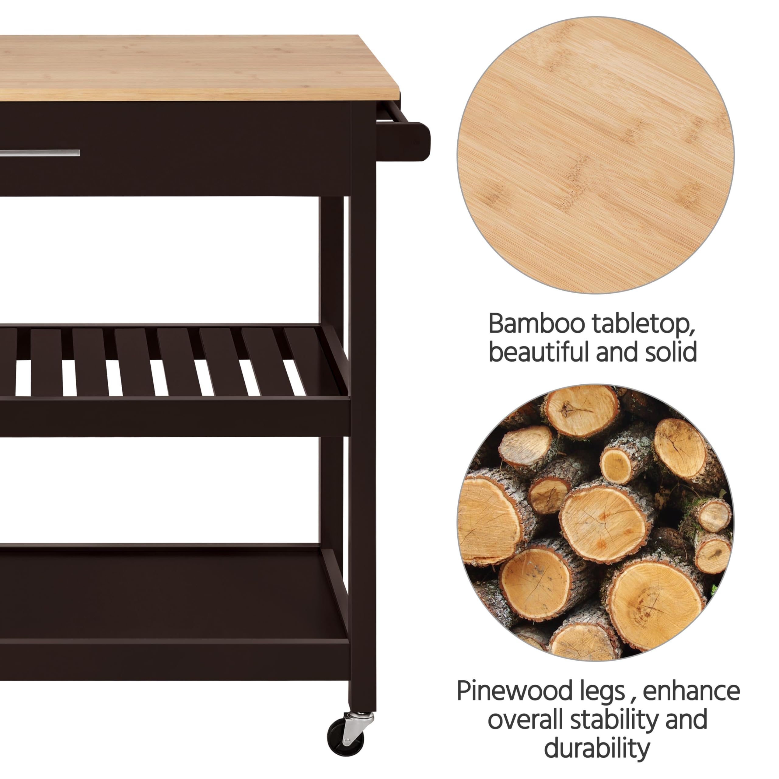 Yaheetech 3-Tier Rolling Kitchen Cart with Bamboo Tabletop - 40