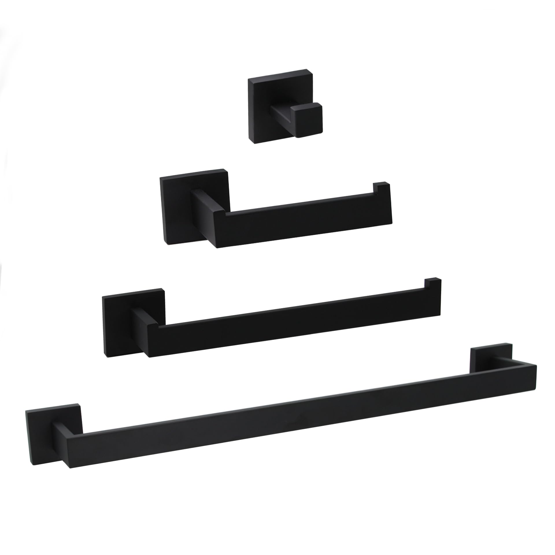 4-Piece Bathroom Hardware Set - 16 Inch Towel Bar, Toilet Paper Holder, Hand Towel Rack & Hook in Matte Black - Modern Bathroom Accessories for Home & Hotel Decor