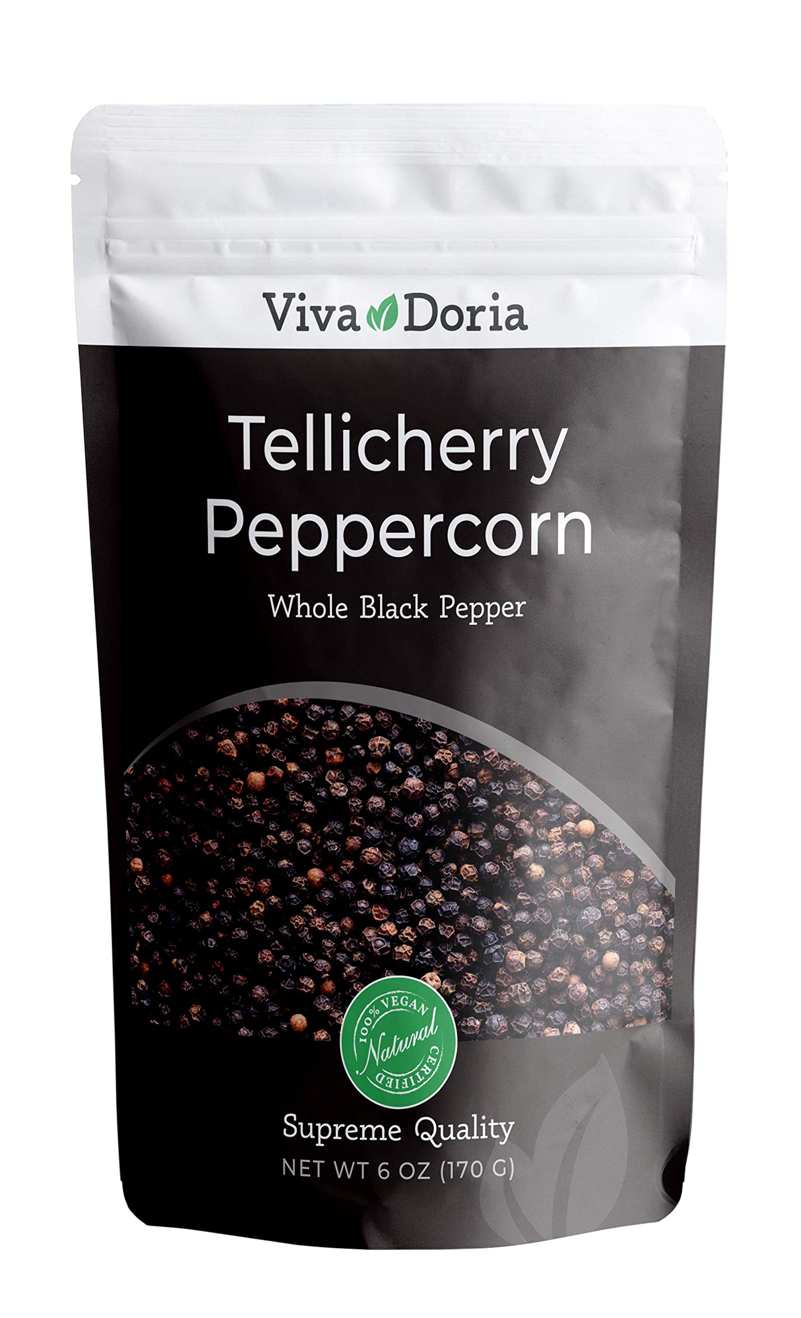 Viva Doria Tellicherry Whole Black Peppercorns - 6 Oz Steam Sterilized Premium Black Pepper for Grinder Refill | Perfect for Cooking, Seasoning & Gourmet Dishes
