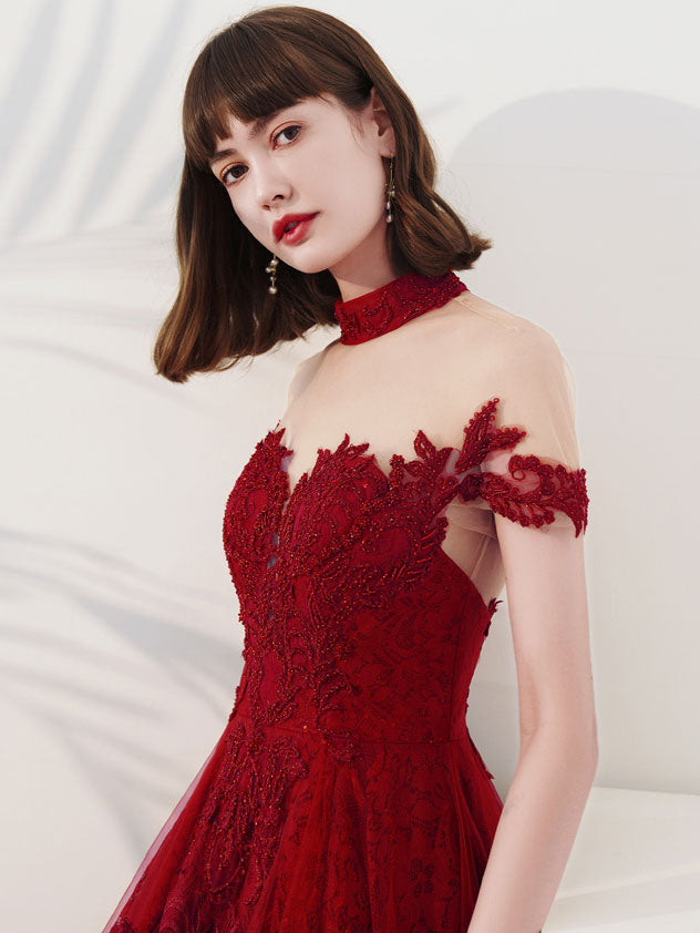 Elegant Burgundy Tulle Lace Tea-Length Prom Dress | Burgundy Evening Gown for Homecoming, Wedding Guest & Formal Events