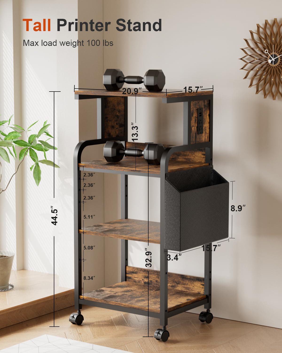 4-Tier Adjustable Printer Stand with Storage Shelf & Wheels - Large Printer Table with Charging Station for Home Office - Perfect for 3D Printer, Shredder, Scanner & Fax Machine - Ideal Workspace Organizer for Small Office & Home Use
