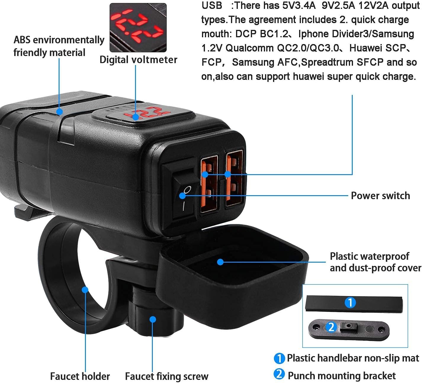 TURN RAISE Motorcycle Phone Charger - Dual USB QC 3.0 Fast Charger with Voltmeter & ON/OFF Switch - Waterproof 12V Charger for Phone, Tablet, Car - Perfect for Motorcycle Rides, Road Trips & Outdoor Adventures (QK010R)