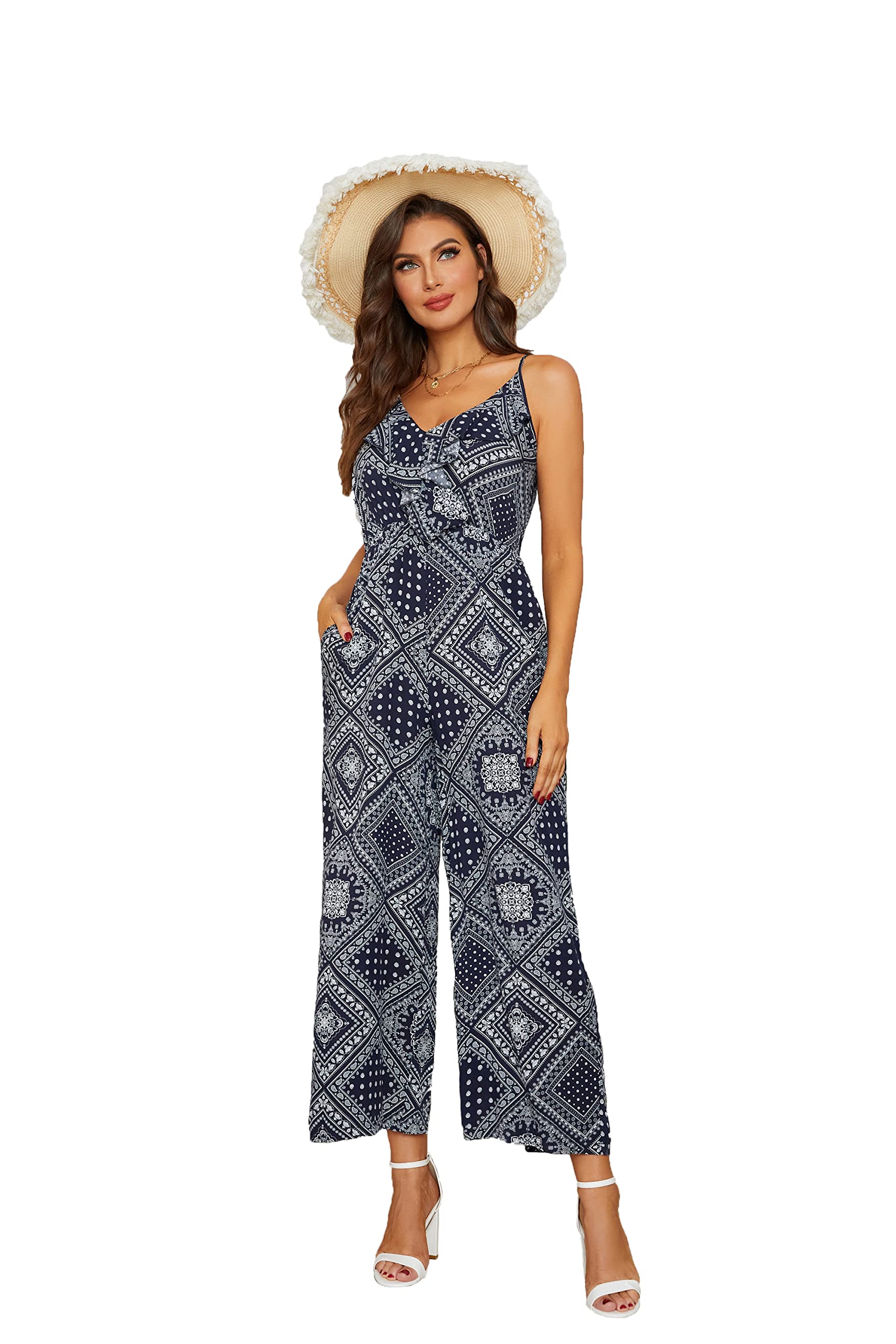 Women's Sleeveless Jumpsuit - Adjustable Spaghetti Strap & Stretchy Waist Wide Leg Romper with Pockets | Casual Summer Outfit for Beach, Travel & Daily Wear