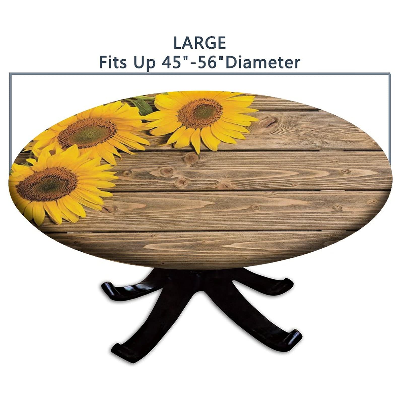 Sunflower Fitted Tablecloth Round 60 Inch - Elastic Edge Wood Grain Country Style Table Cover for Kitchen Dining Room, Outdoor Picnic Party & Decorative Use