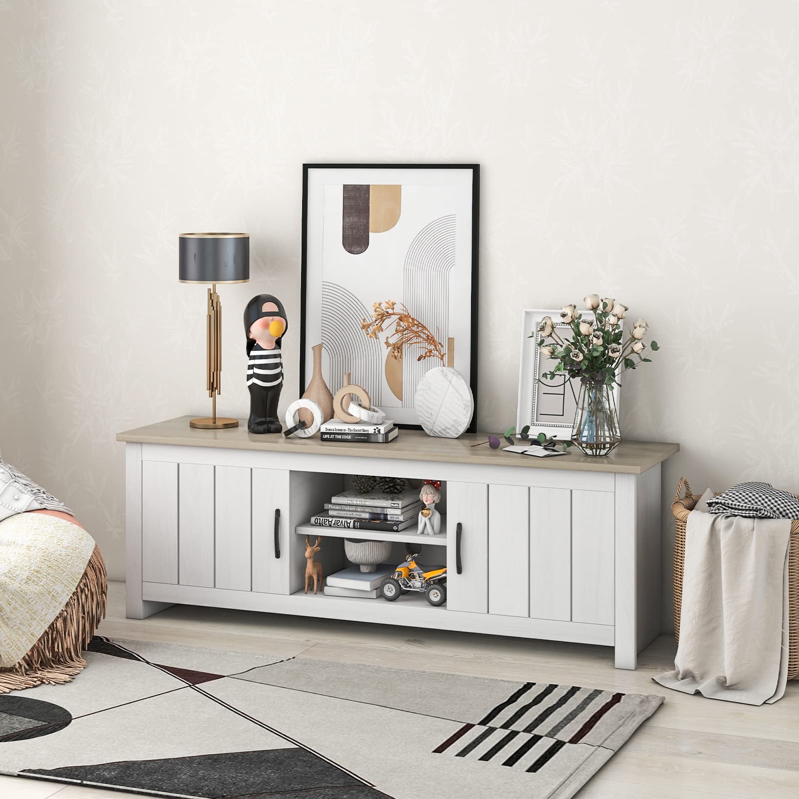 Tangkula 65 Inch TV Stand with 2 Doors & Open Shelves - Wooden Media Console for Living Room, 2 Storage Cabinets & Cable Management Holes - Perfect for Home Theater & Entertainment Systems (White Oak Finish)
