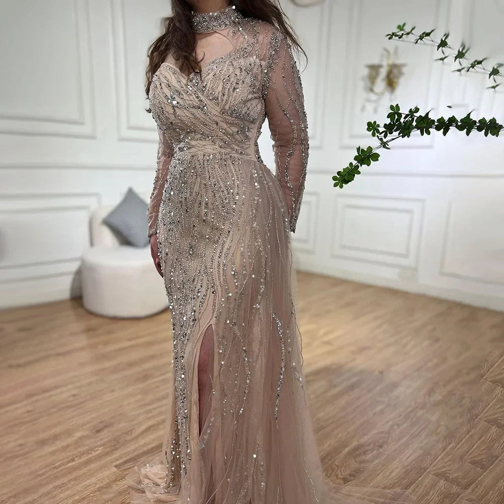 Elegant Blue Beaded Mermaid Evening Dress with High Slit for Women - Wedding, Party, Prom & Formal Gowns - Perfect for 2025 Special Occasions & Arabic Celebrations