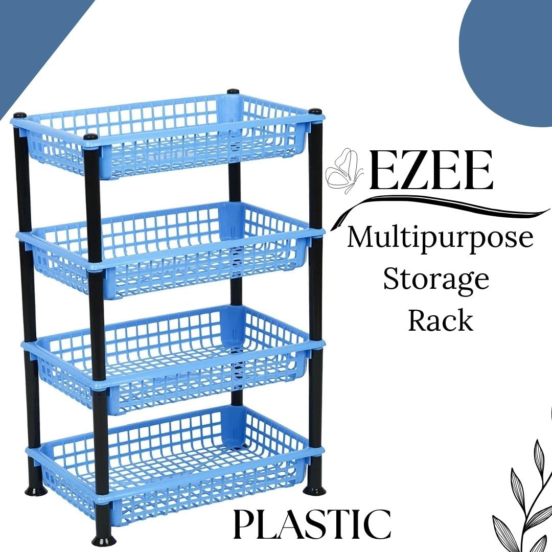 NABHYA Plastic 4-Tier Multipurpose Basket Stand Rack for Fruits & Vegetables - Space-Saving Storage Organizer for Kitchen, Pantry, or Garage (Blue, EZEE Rack)