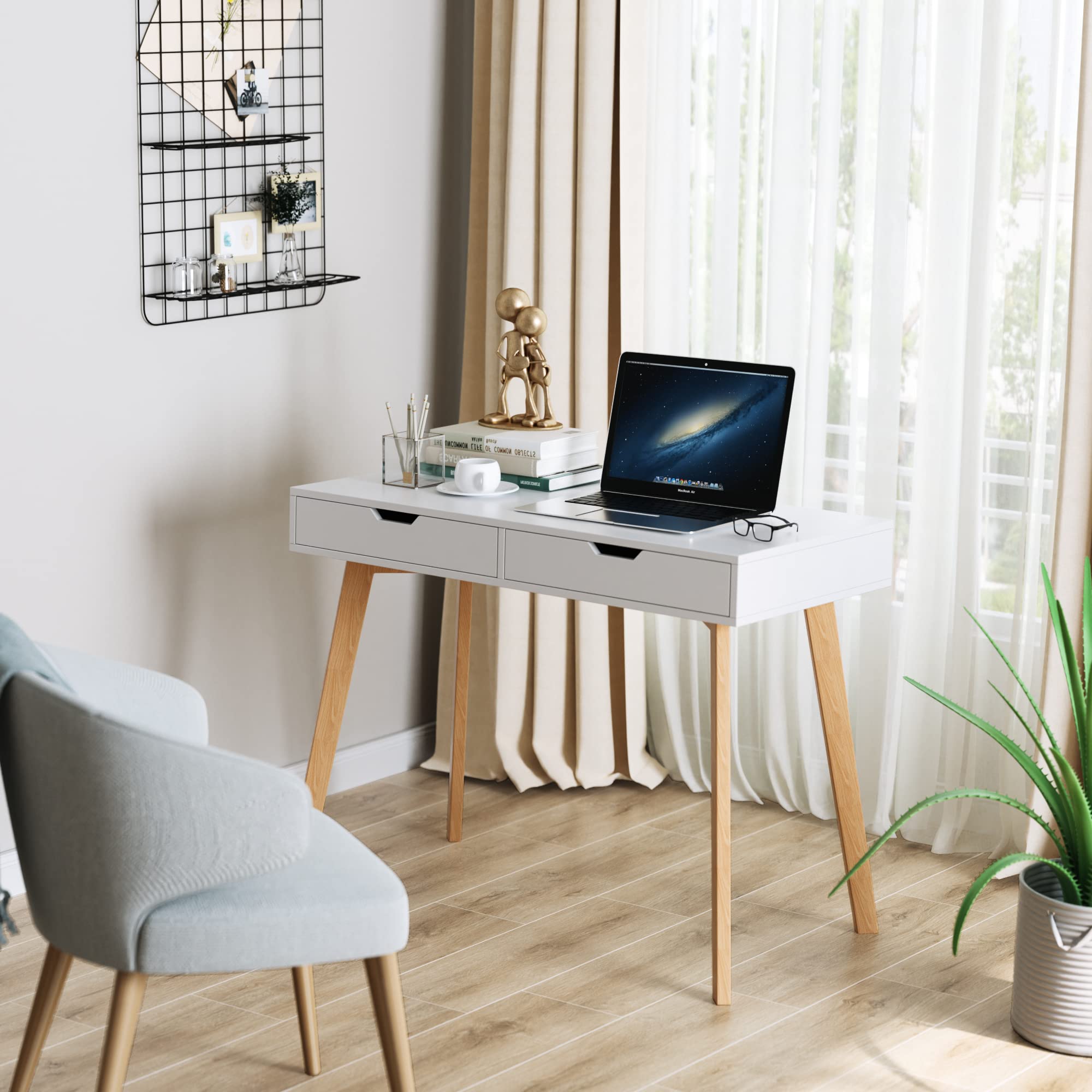 FOTOSOK White Modern Computer Writing Desk with 2 Drawers - Small Wooden Office Desk & Makeup Vanity Table with 4 Sturdy Oak Legs - Perfect for Home Office, Study Room & Bedroom Workspace