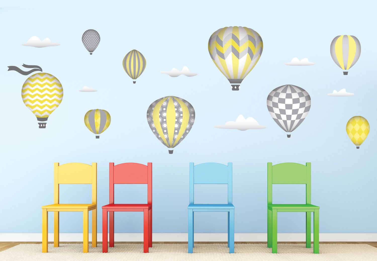 Jumbo Yellow Hot Air Balloons Fabric Wall Decals - Set of 9 with Clouds - 5 Color Options for Nursery, Kids Room & Party Decor