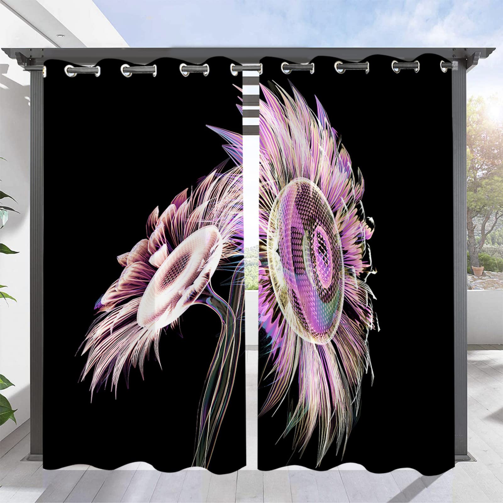Black Sunflower Blackout Outdoor Curtains - 84x54 Inch Soundproof Thermal Insulated Curtains with Grommets (Set of 2 Panels) - Perfect for Patio, Garden, Backyard & Sunroom Decor - No Rods Needed