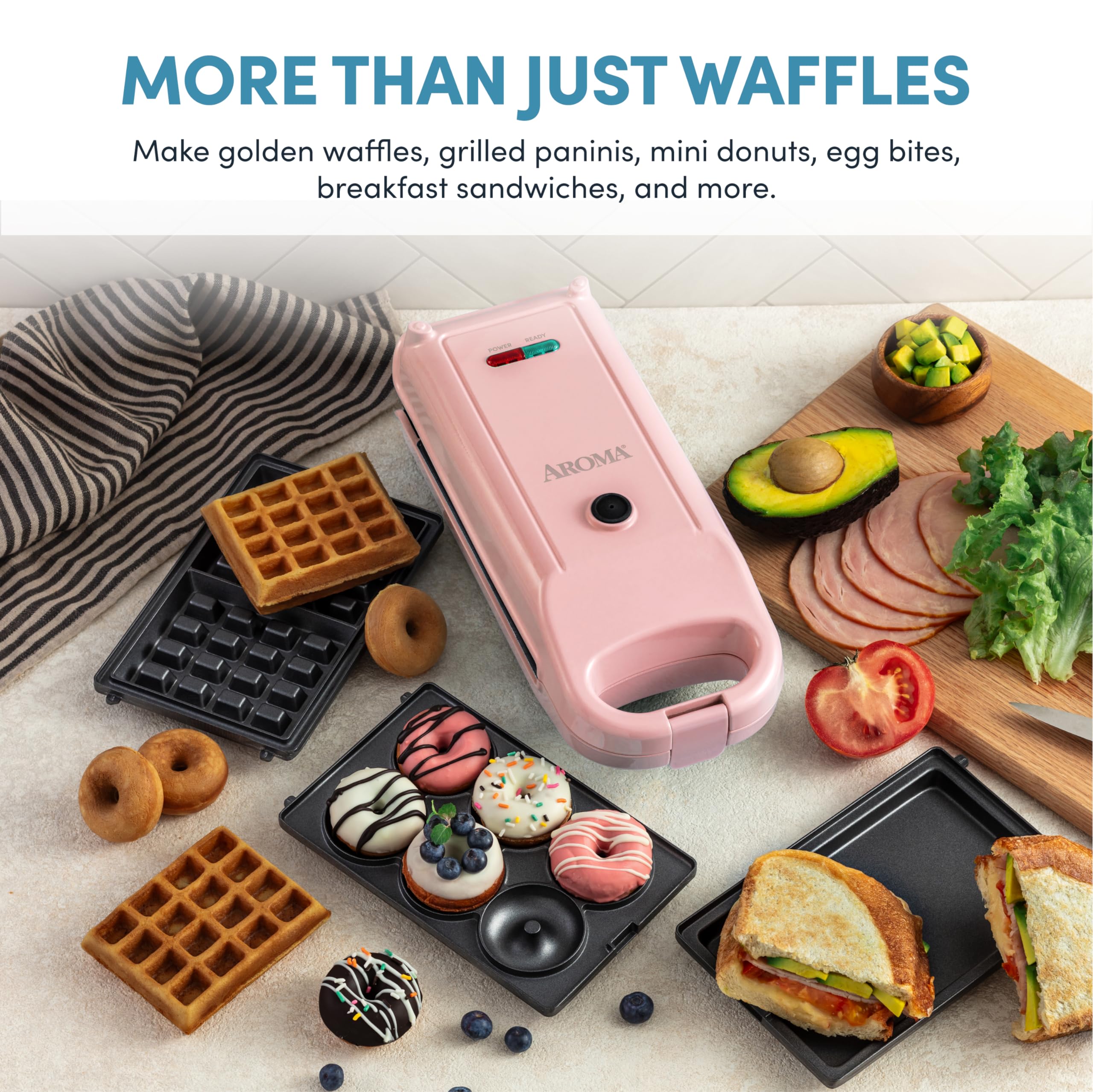 AROMA® 3-in-1 Swap & Flip Waffle Maker with Removable Plates - Panini Press, Mini Donut Maker & Waffle Iron for Breakfast, Snacks & Party Treats - Perfect for Home, Office & Camping Use