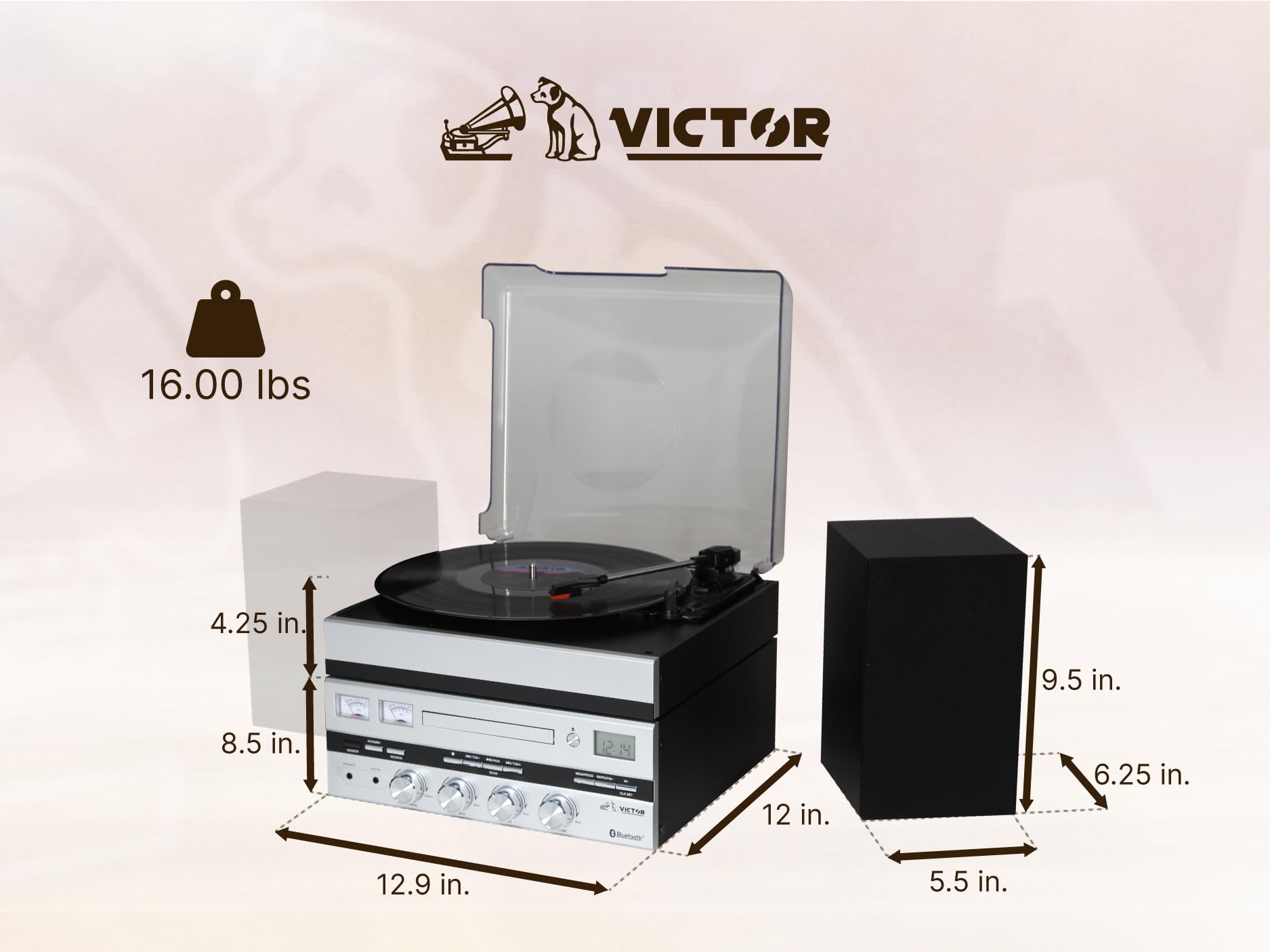Victor VDTS-5400 Geneva 5-in-1 Bluetooth Music Center with CD Player, FM Radio, USB/Aux Playback & Detachable Speakers - Wireless Home Audio System for Living Room, Bedroom & Office Entertainment