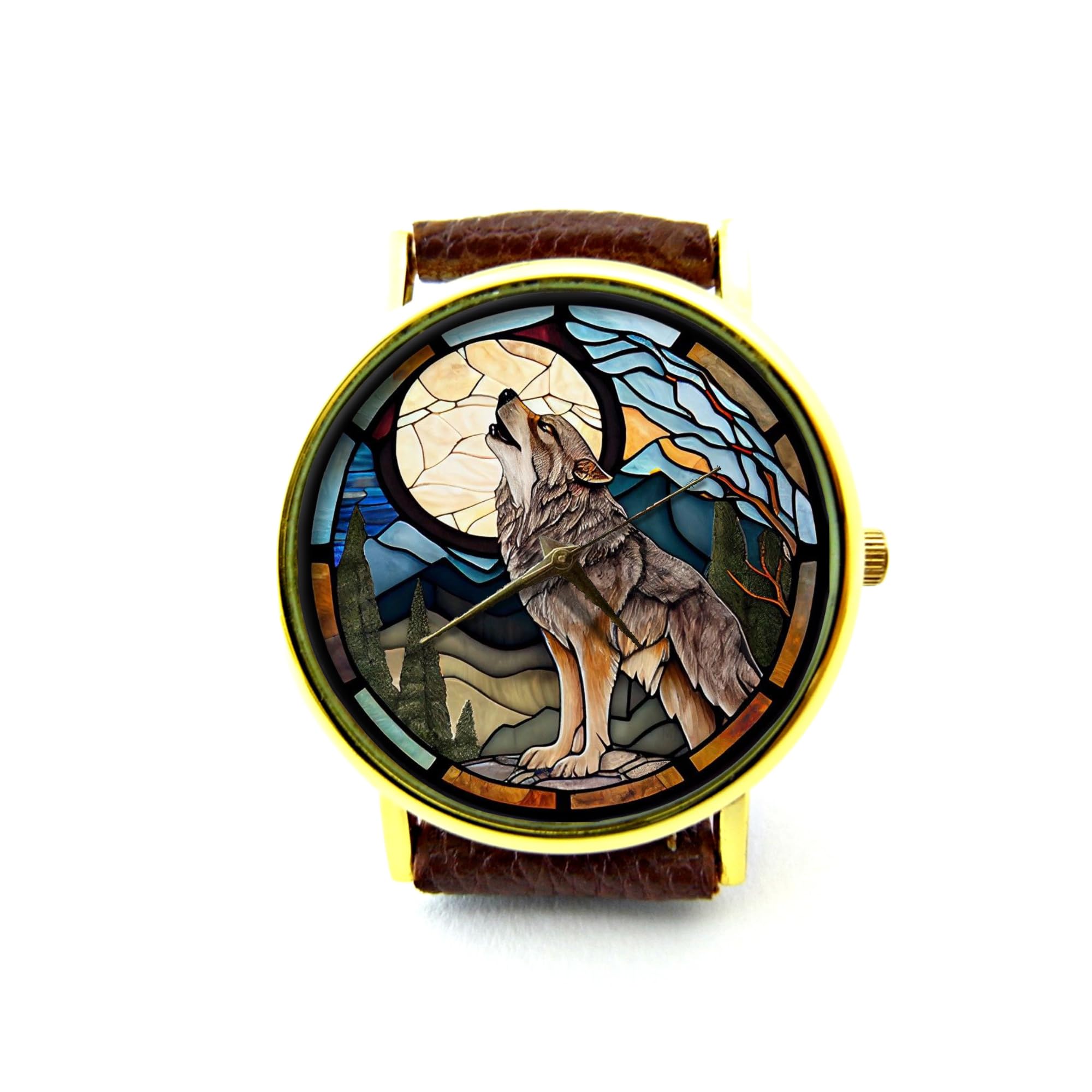 Wolf and Moon Genuine Leather Watch - Unisex Wolf Design Wristwatch for Men & Women - Personalized Engraved Wolf Jewelry - Perfect for Outdoor Adventures, Gifts & Everyday Wear