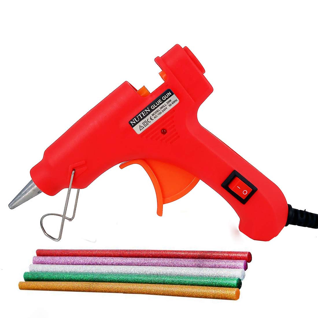 NUTEN 20W 7mm Hot Melt Glue Gun with On/Off Switch & LED Indicator - Includes 5 Free Glue Sticks (Red) - Perfect for DIY Crafts, Home Repairs, and Arts Projects