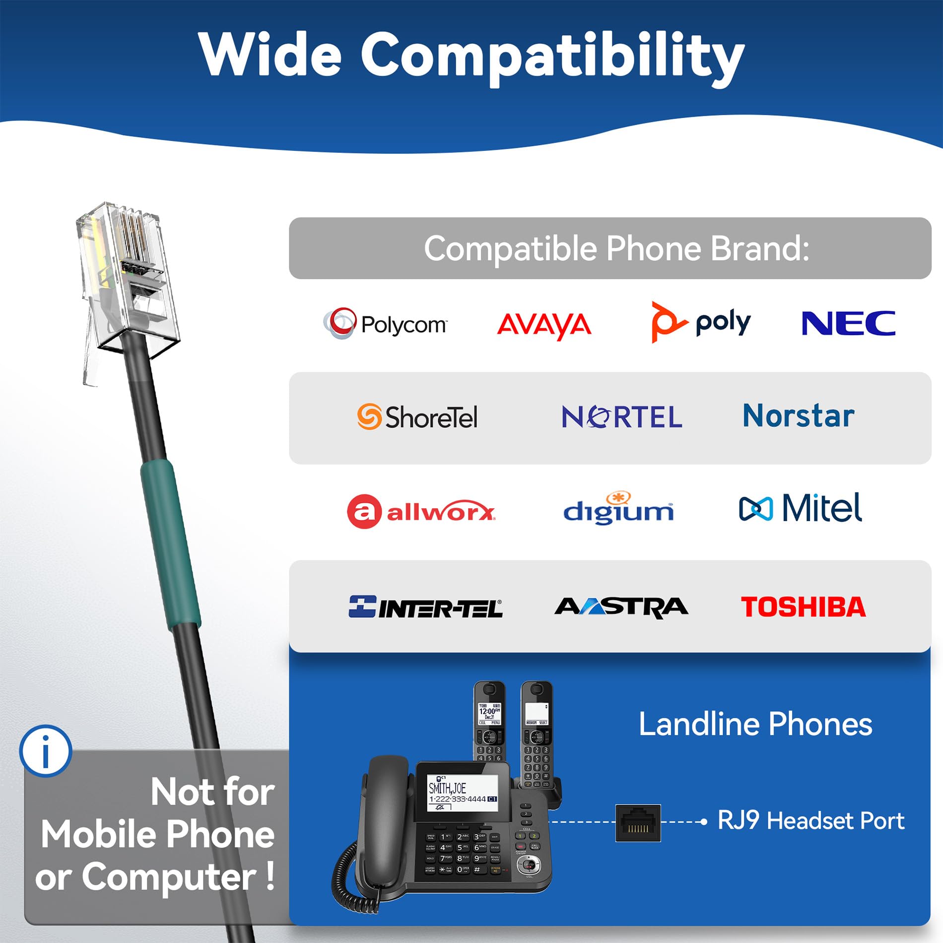 Wantek Mono Corded Telephone Headset with Noise Canceling Microphone - Compatible with ShoreTel, Plantronics, Polycom, Toshiba, NEC Dterm, Nortel, Norstar, Meridian, Siemens ROLM & Packet8 Landline Desk Phones - Ideal for Office, Call Center & Remote Work Communication