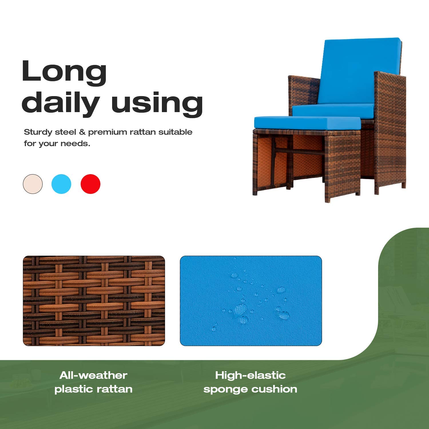 Devoko 4-Piece Outdoor Patio Furniture Set - All-Weather Wicker Chairs with Cushions & Ottomans for Balcony, Porch, Garden, Poolside (Blue) - Perfect for Relaxing, Entertaining & Lounging